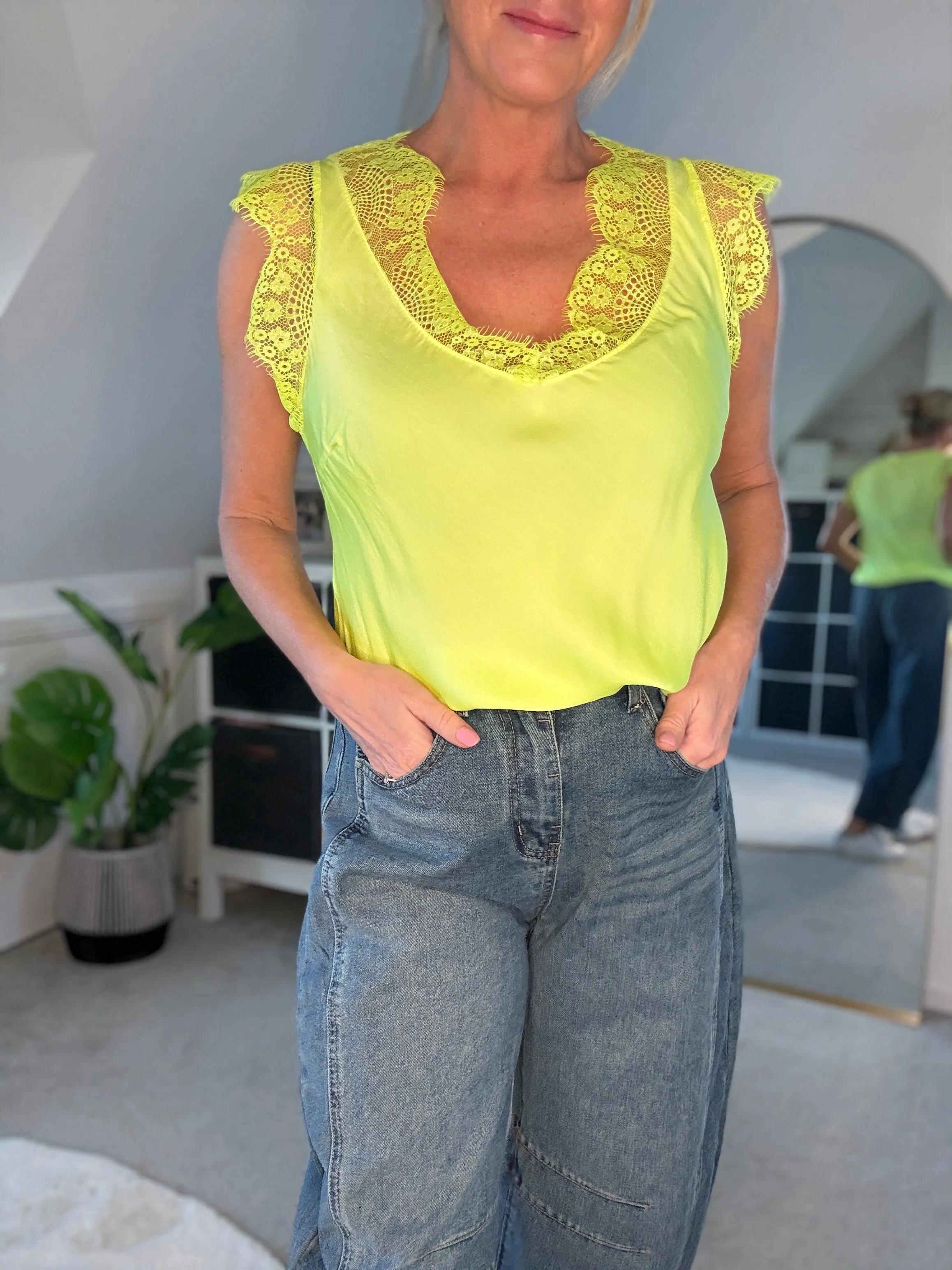 Neon Lime Satin/Lace V Neck Top