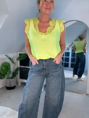 Neon Lime Satin/Lace V Neck Top