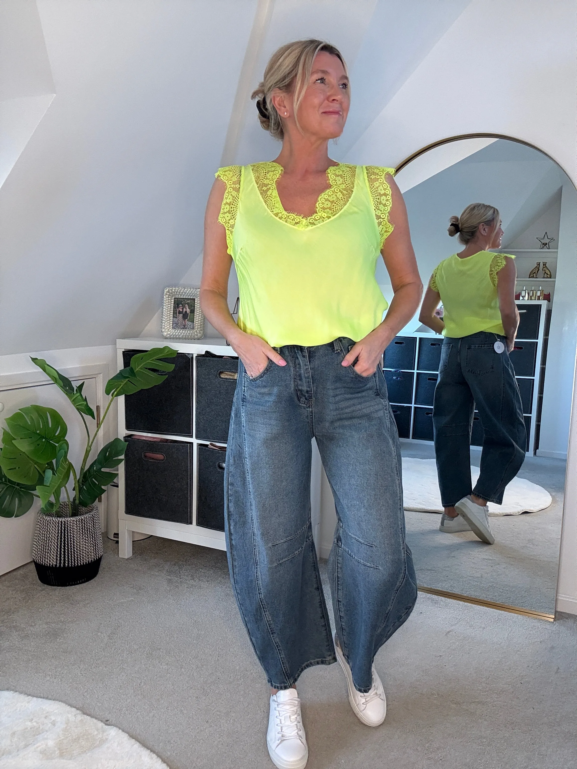 Neon Lime Satin/Lace V Neck Top