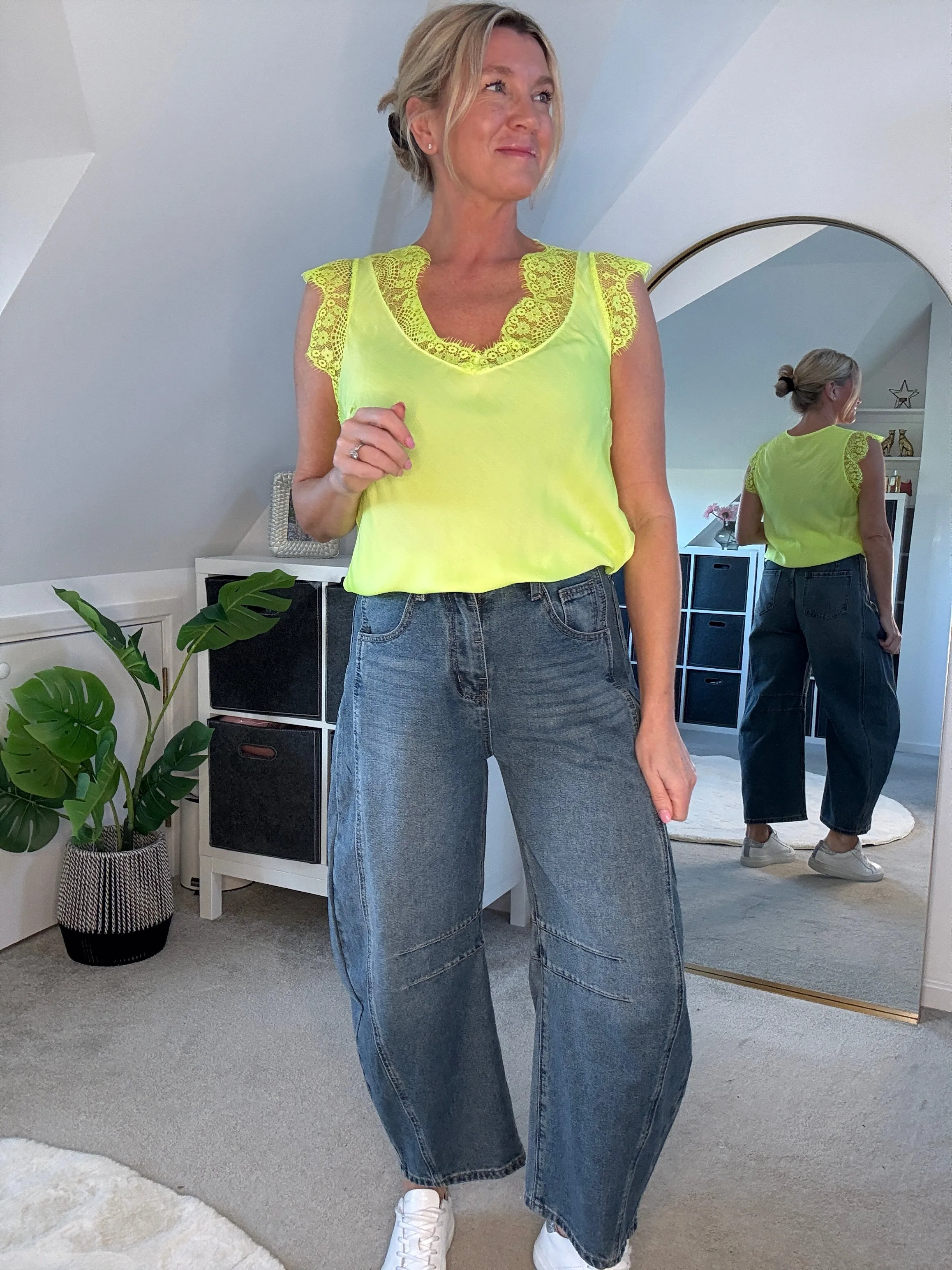 Neon Lime Satin/Lace V Neck Top