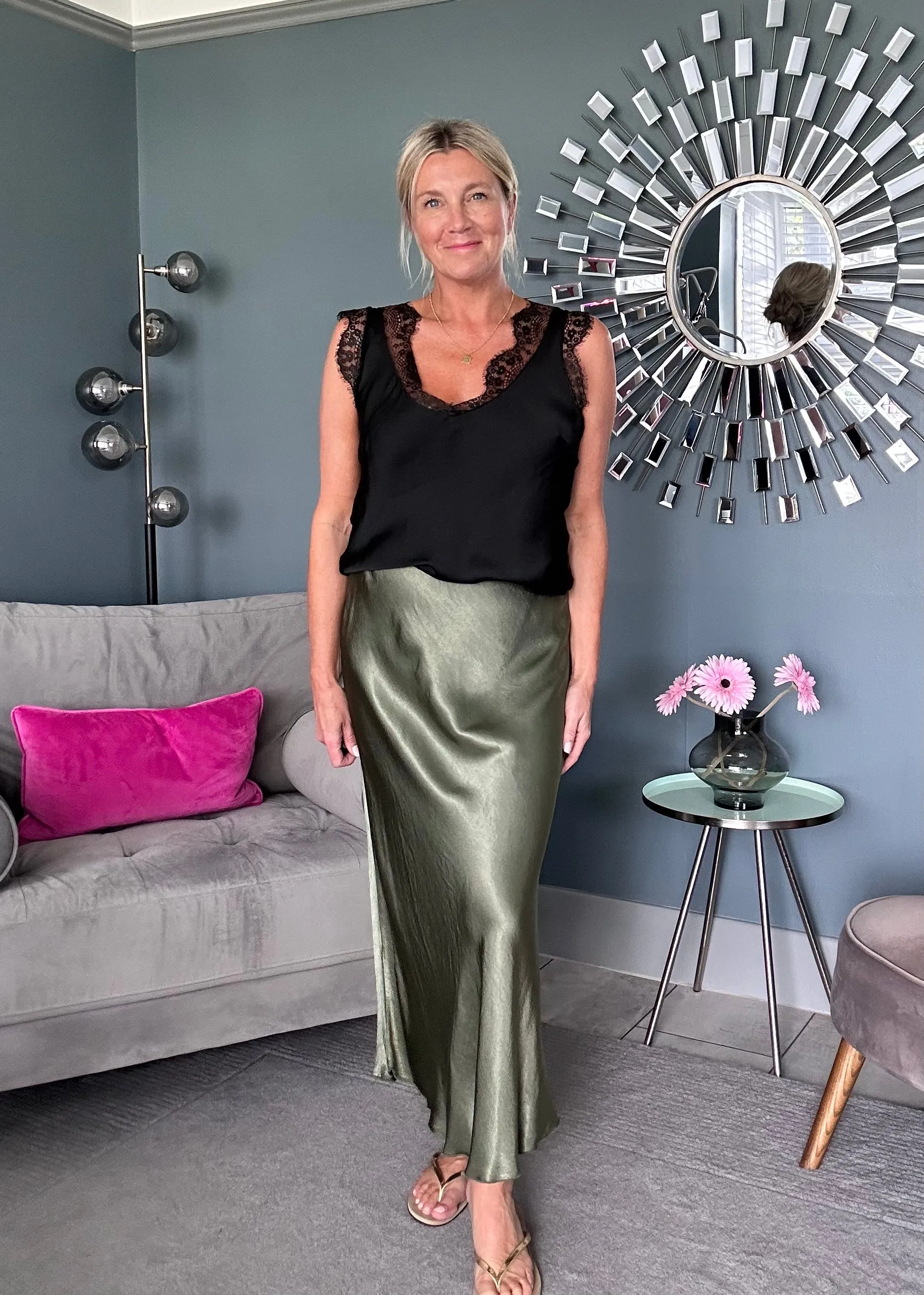 Neon Lime Satin/Lace V Neck Top