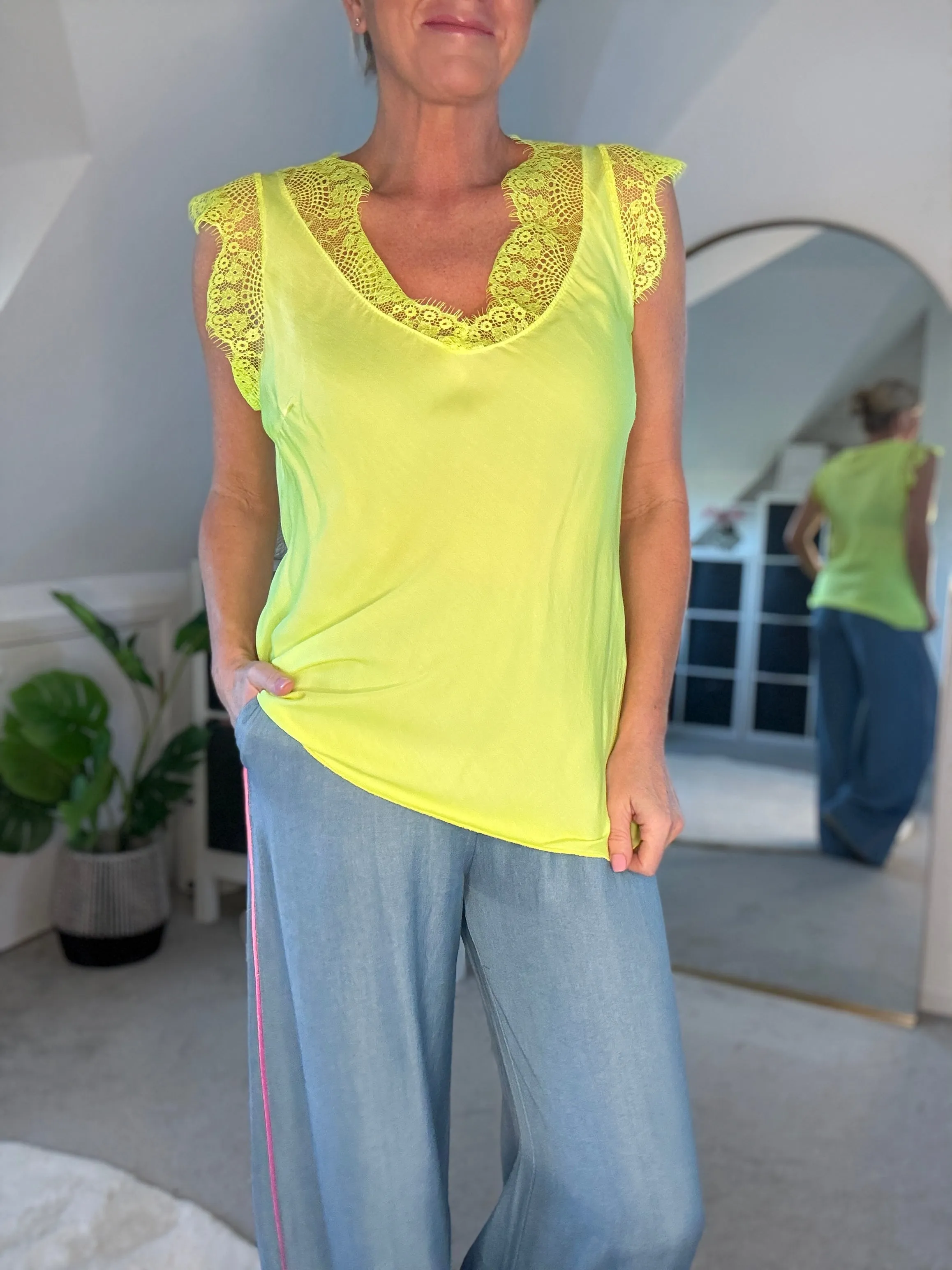 Neon Lime Satin/Lace V Neck Top