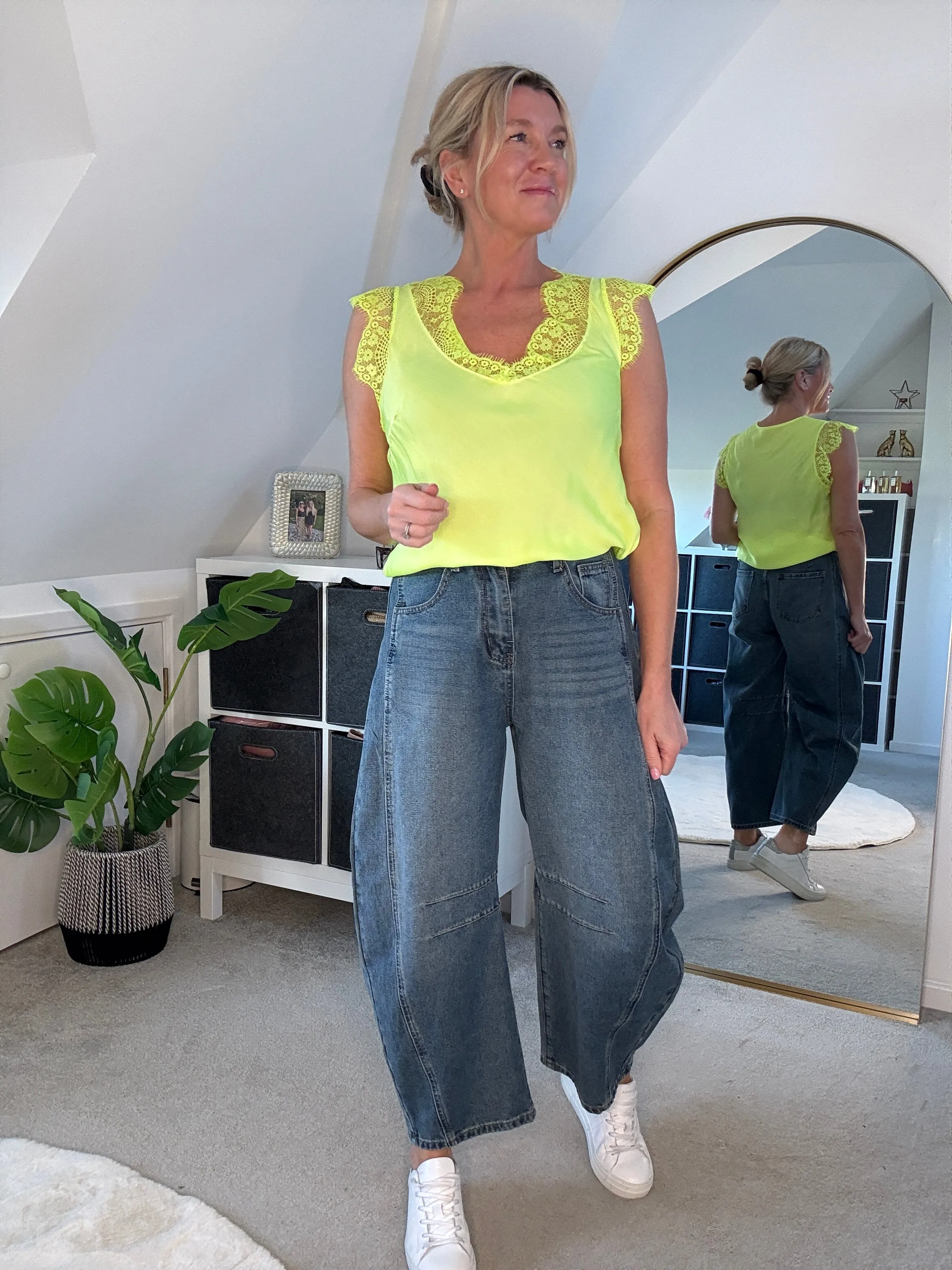 Neon Lime Satin/Lace V Neck Top