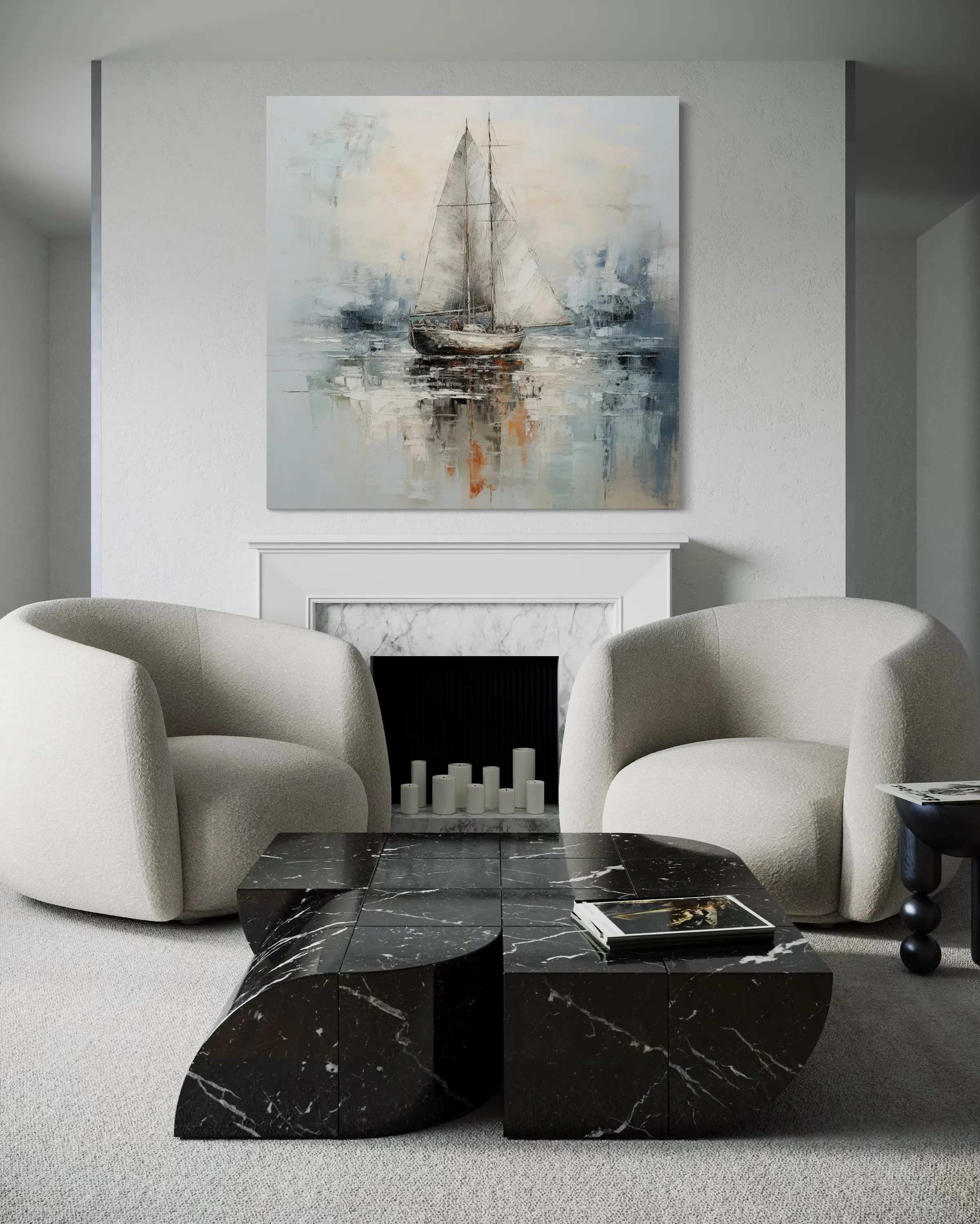 Neutral Light Blue Square Sailboat Wall Art