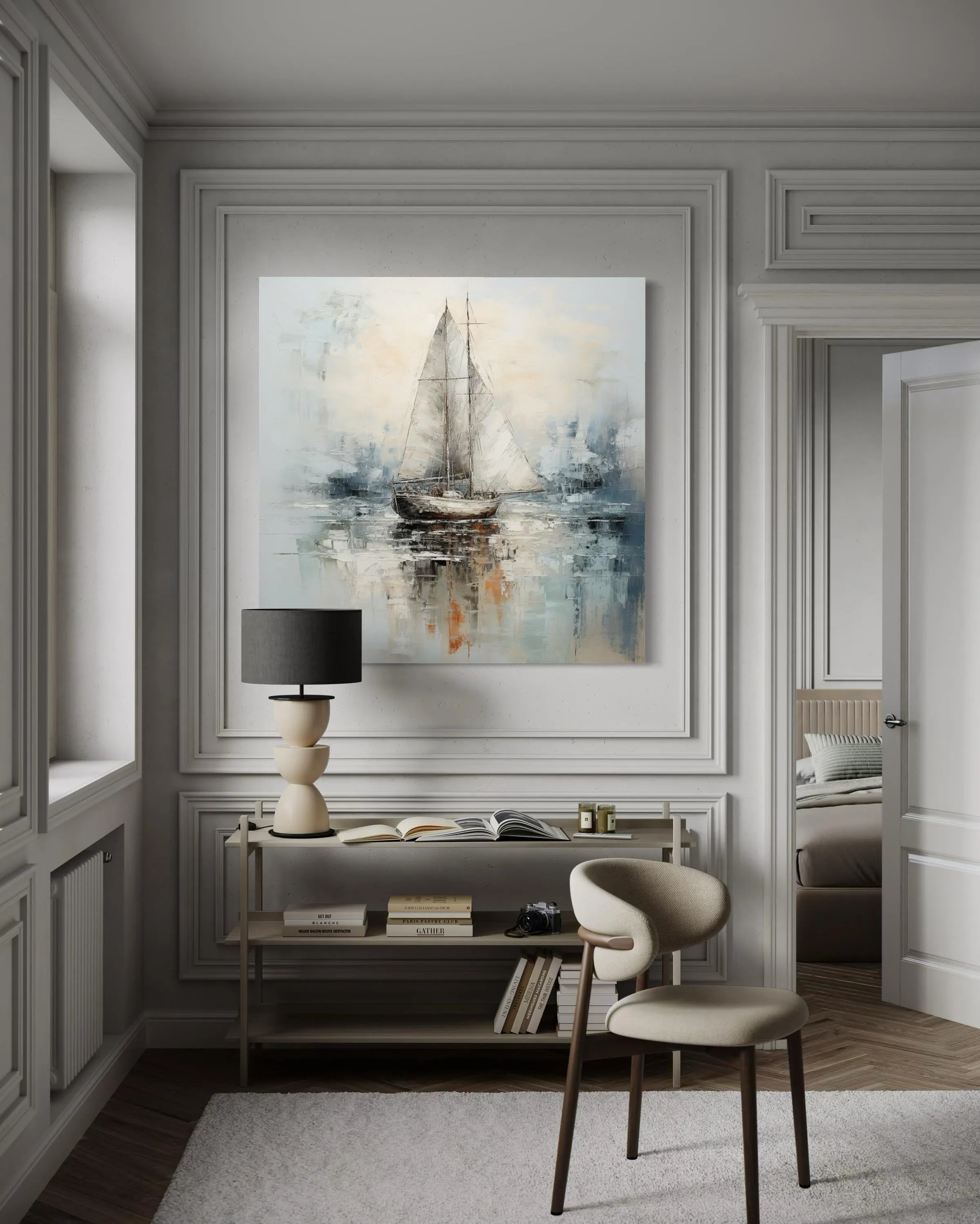 Neutral Light Blue Square Sailboat Wall Art