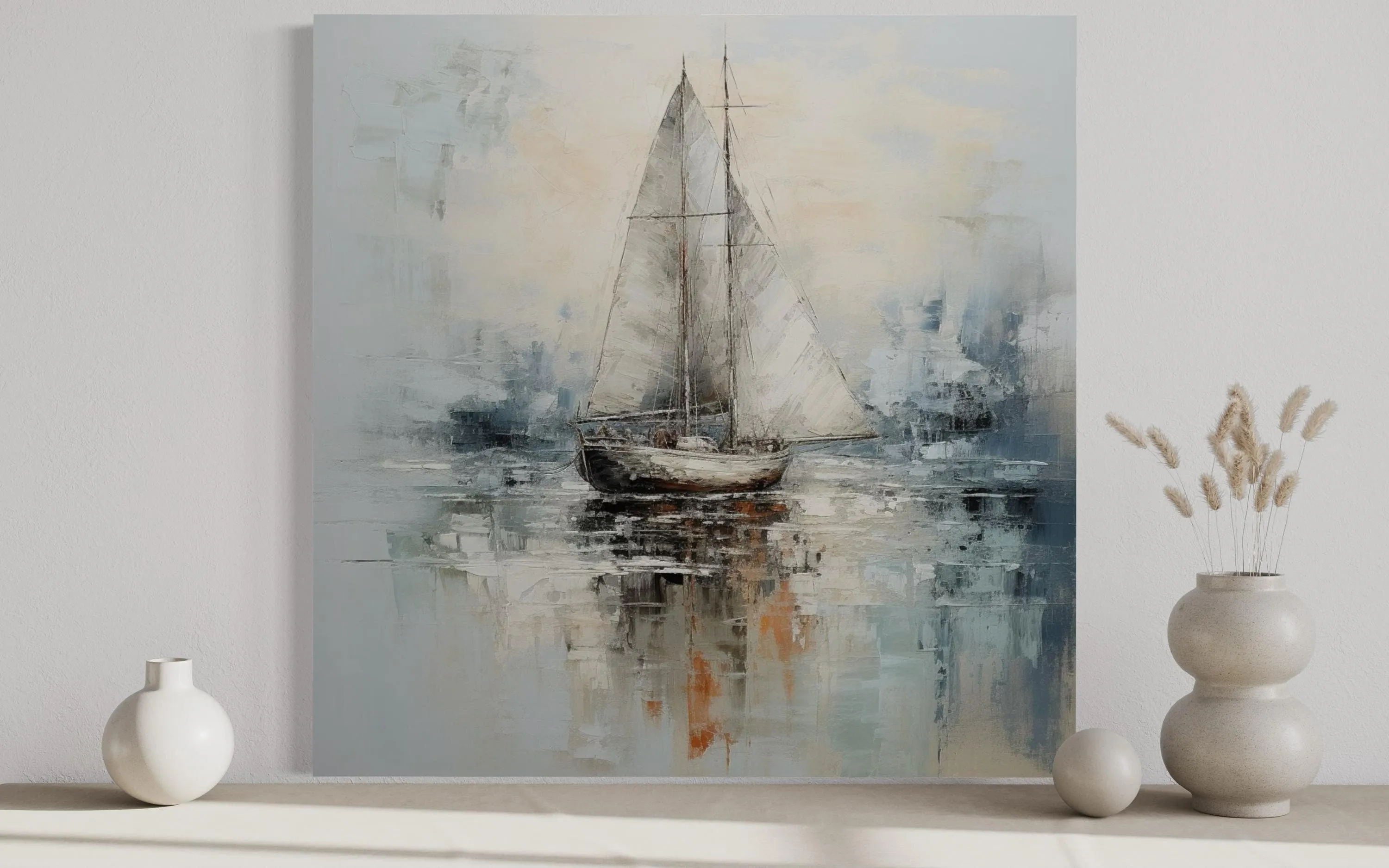 Neutral Light Blue Square Sailboat Wall Art