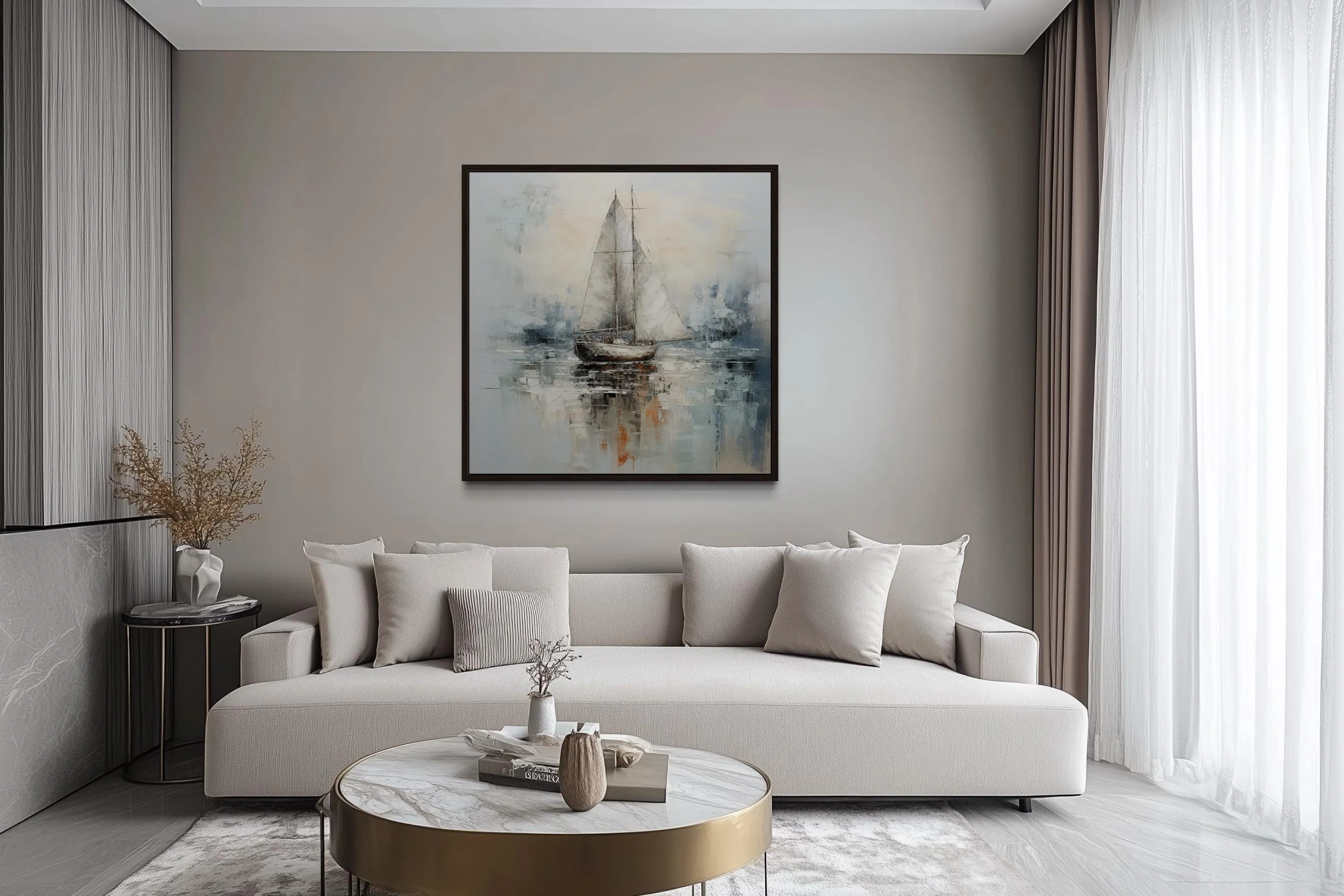 Neutral Light Blue Square Sailboat Wall Art