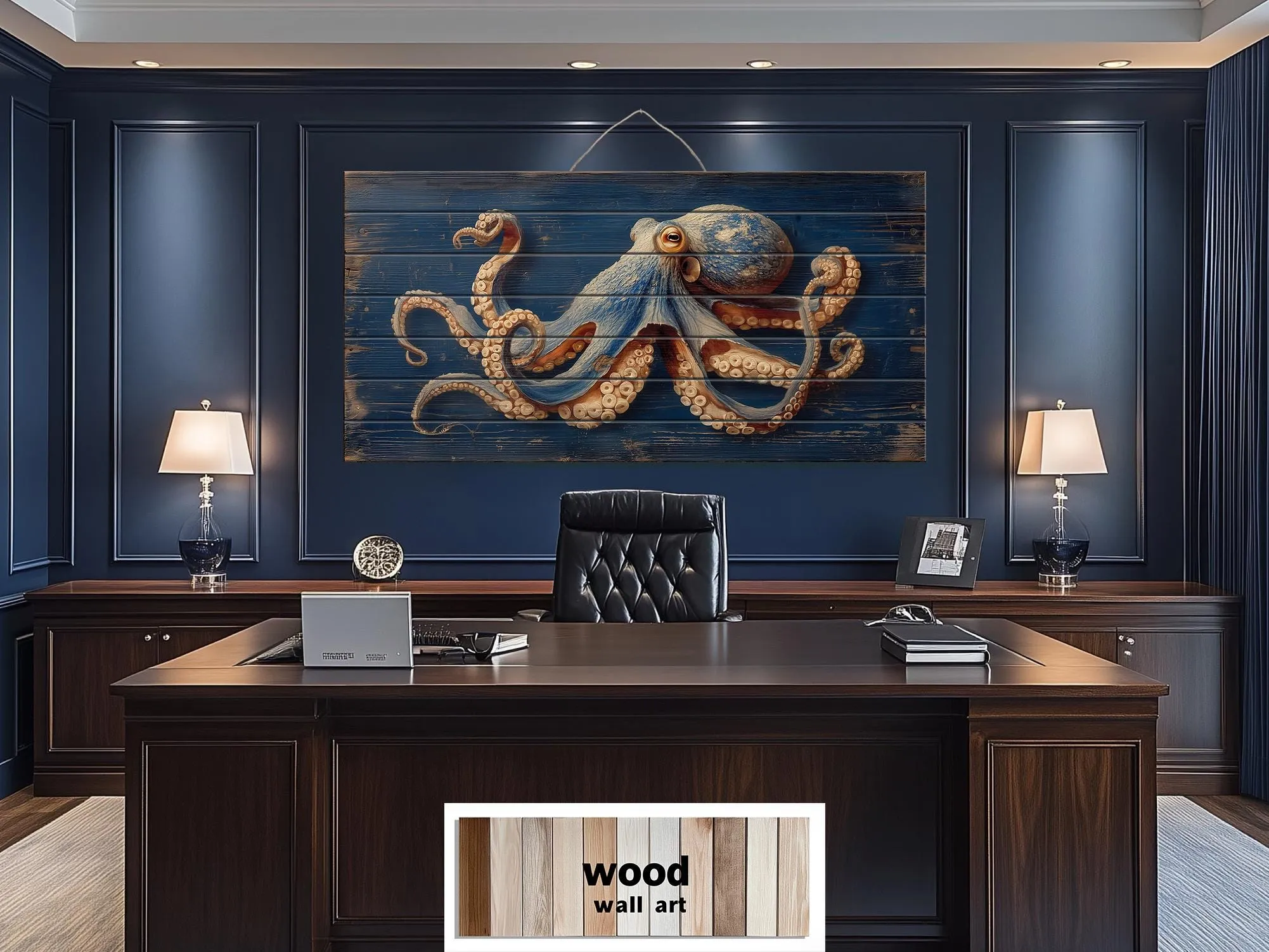 Octopus On Navy Blue Distressed Wood Wall Art