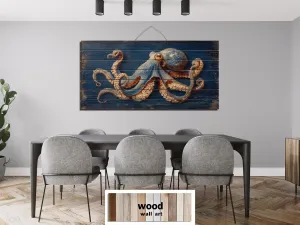 Octopus On Navy Blue Distressed Wood Wall Art