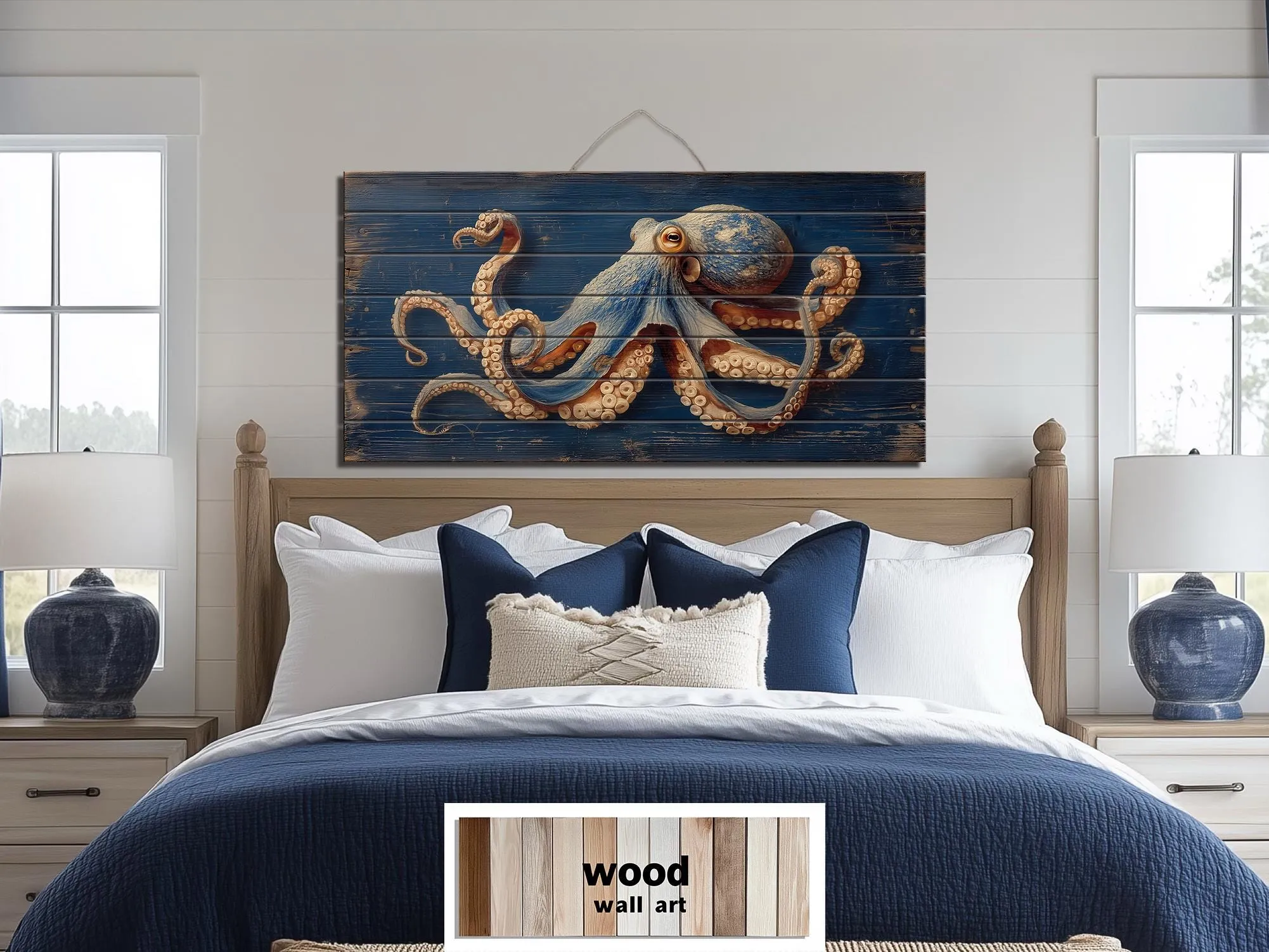 Octopus On Navy Blue Distressed Wood Wall Art