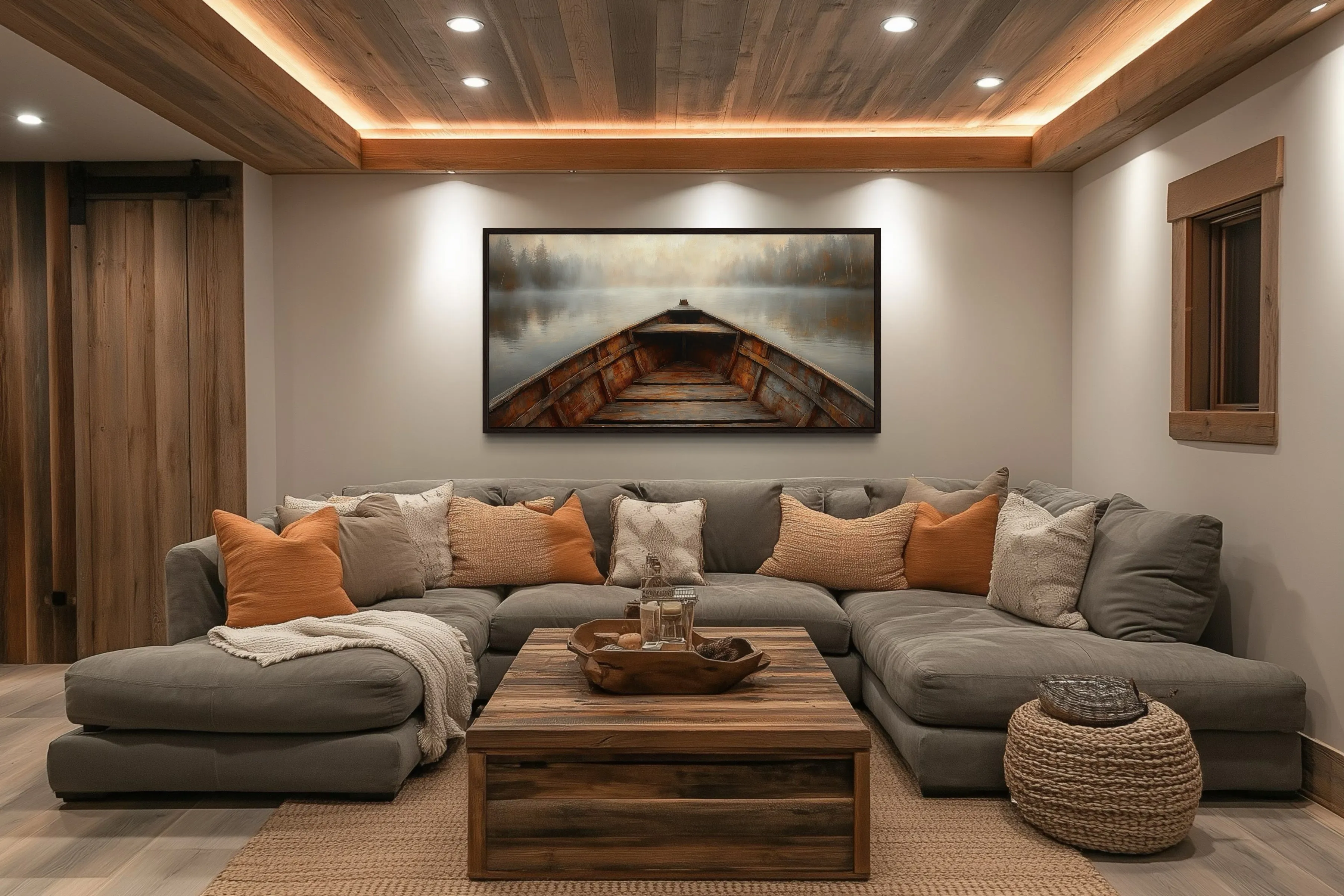 Old Wooden Brown Boat Nose In Misty Lake Framed Canvas Wall Art For Cabin Decor