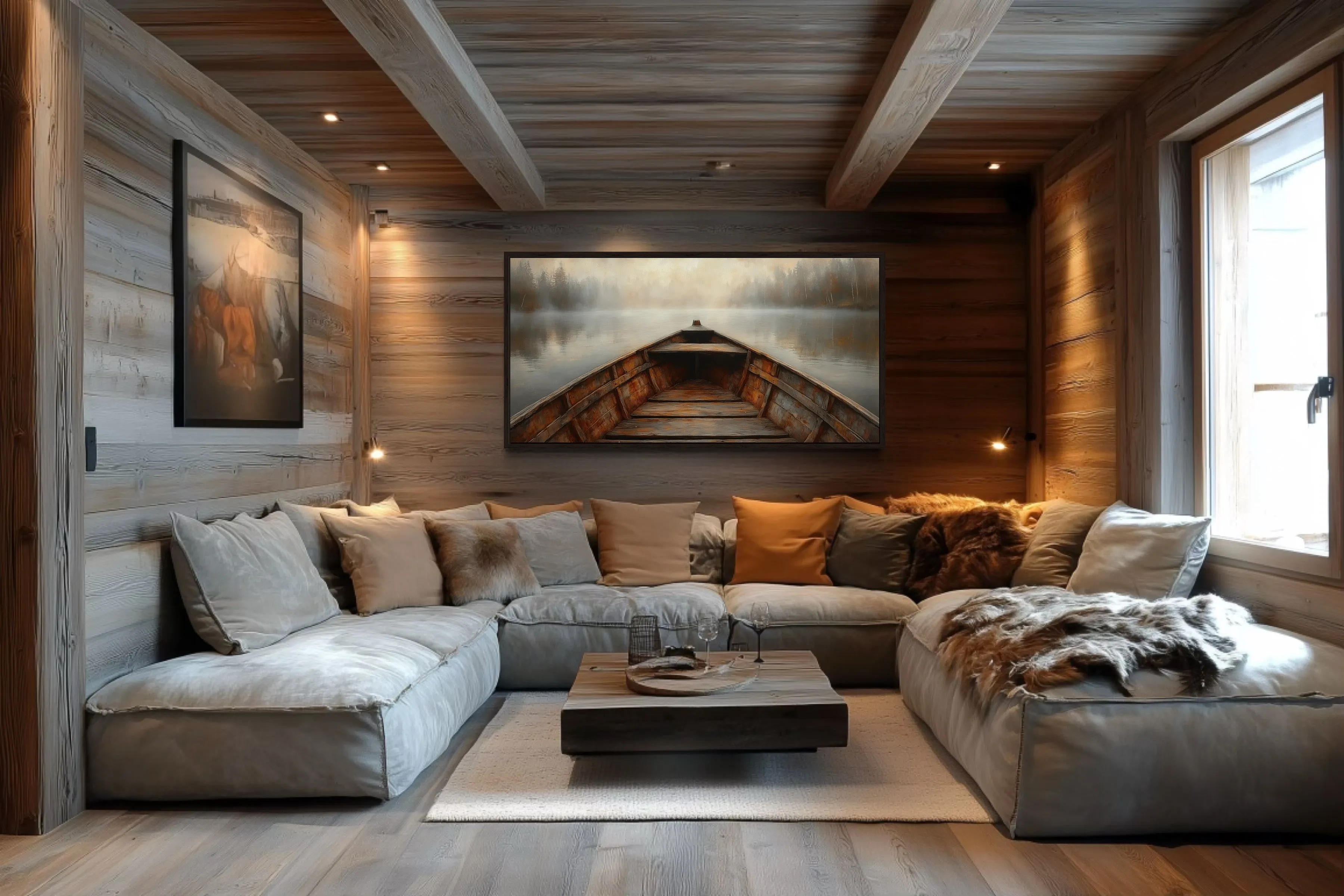 Old Wooden Brown Boat Nose In Misty Lake Framed Canvas Wall Art For Cabin Decor