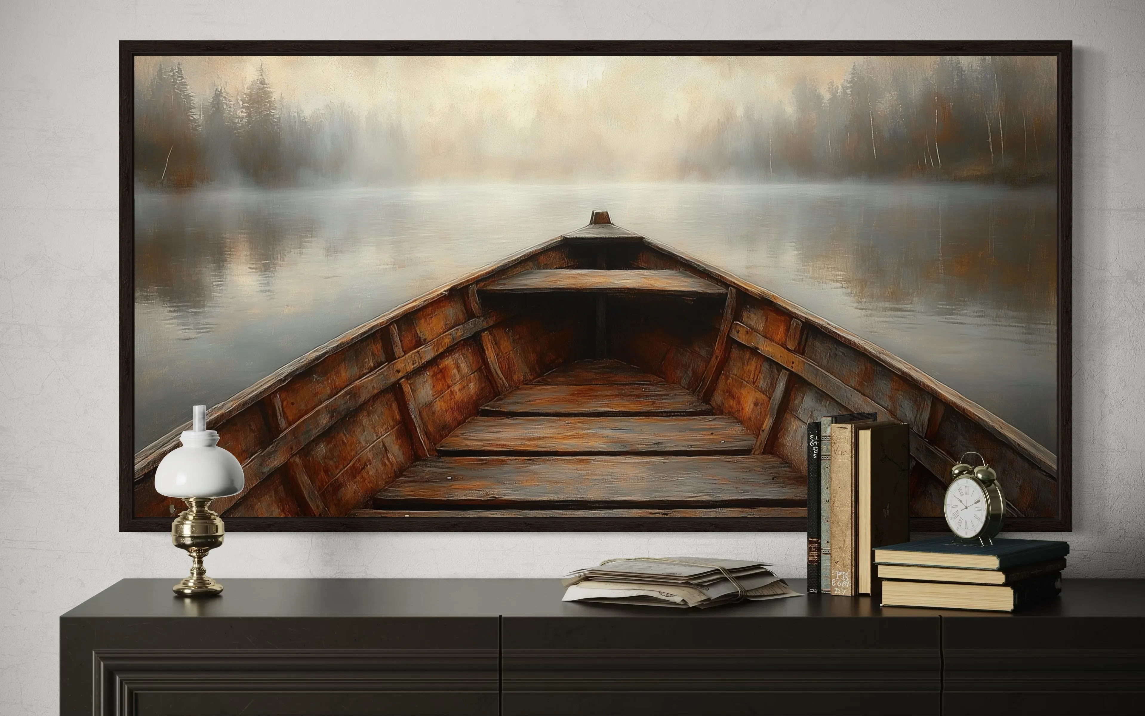 Old Wooden Brown Boat Nose In Misty Lake Framed Canvas Wall Art For Cabin Decor