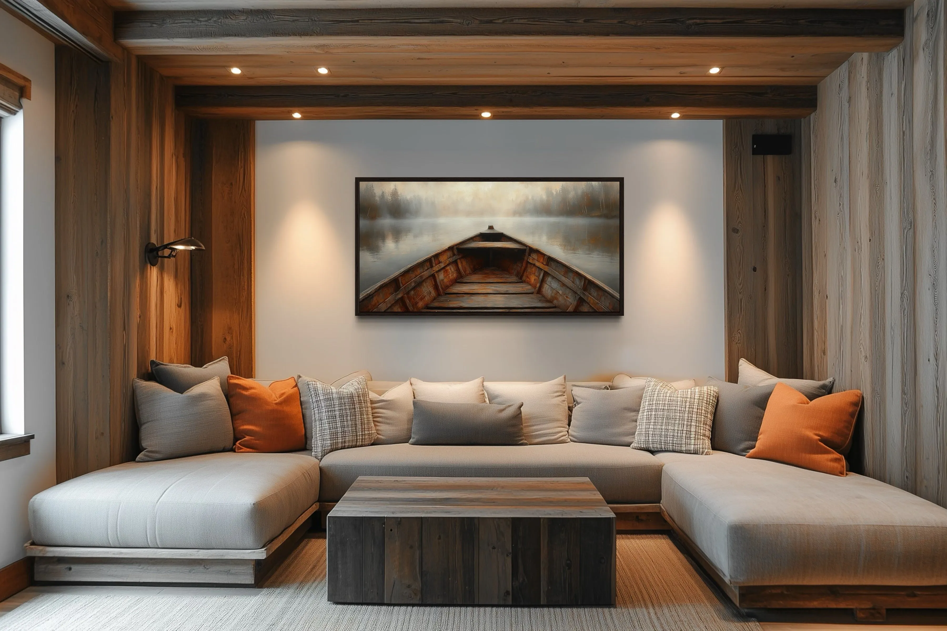 Old Wooden Brown Boat Nose In Misty Lake Framed Canvas Wall Art For Cabin Decor