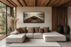 Old Wooden Brown Boat Nose In Misty Lake Framed Canvas Wall Art For Cabin Decor