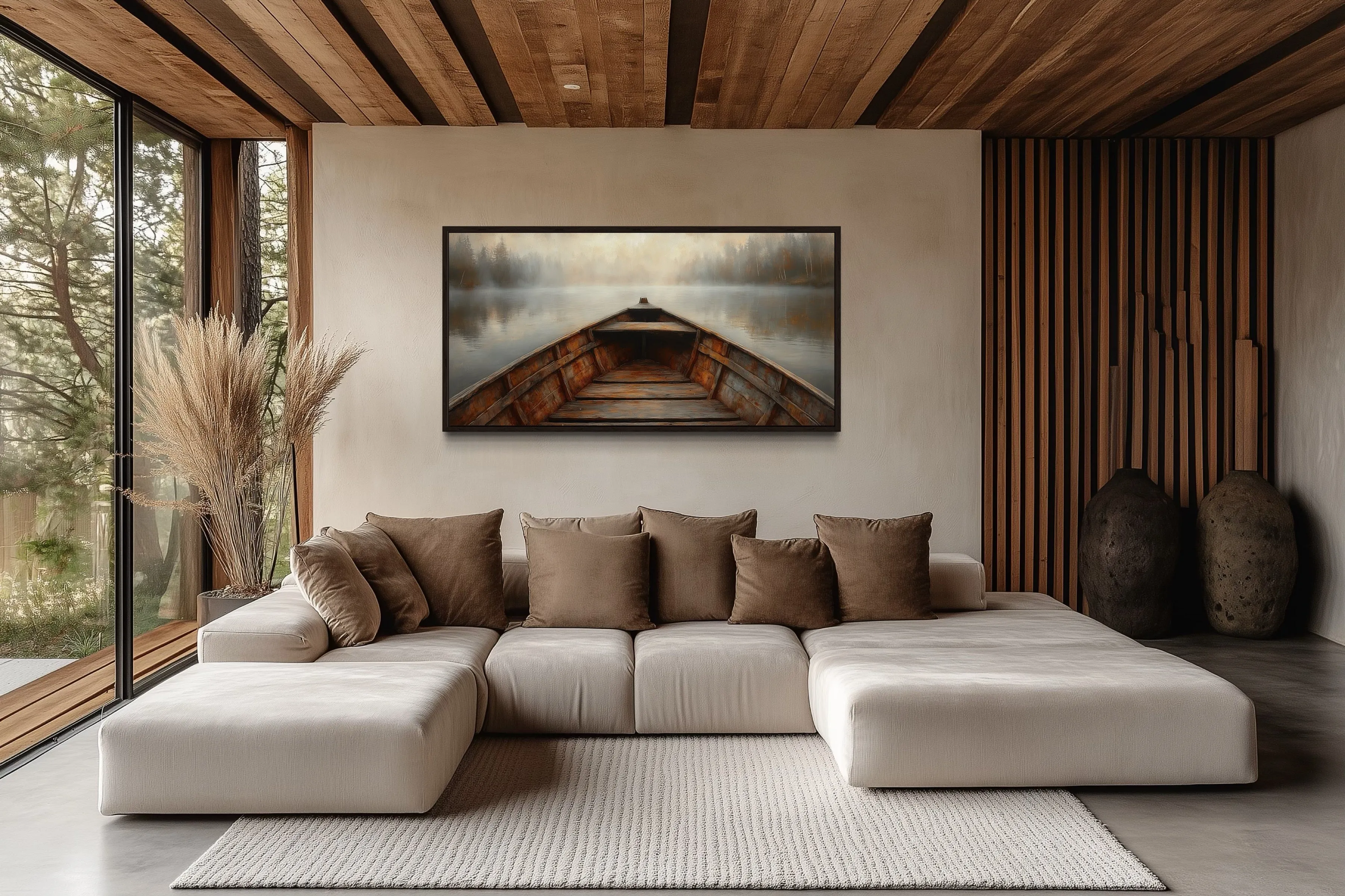 Old Wooden Brown Boat Nose In Misty Lake Framed Canvas Wall Art For Cabin Decor