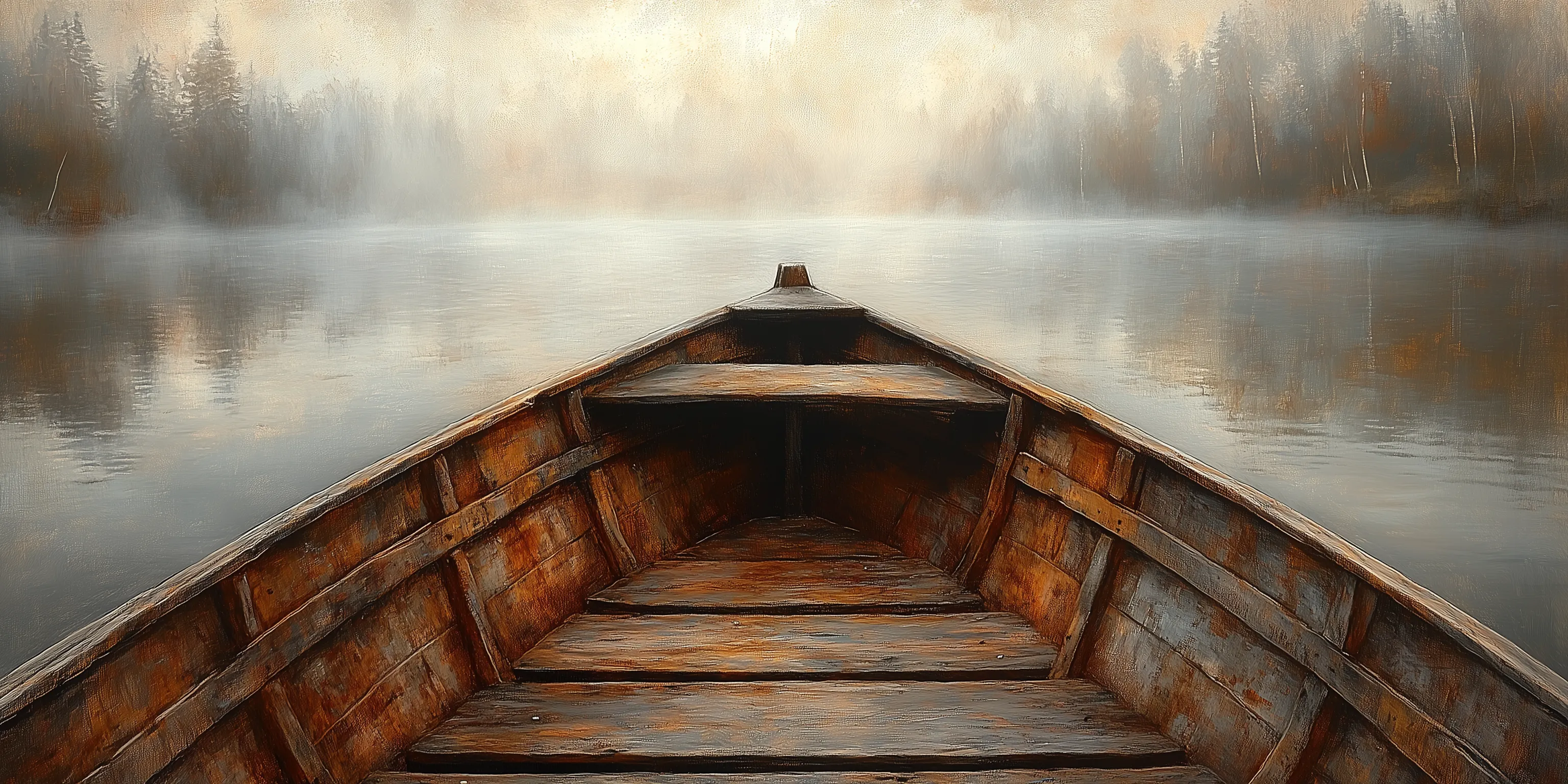 Old Wooden Brown Boat Nose In Misty Lake Framed Canvas Wall Art For Cabin Decor