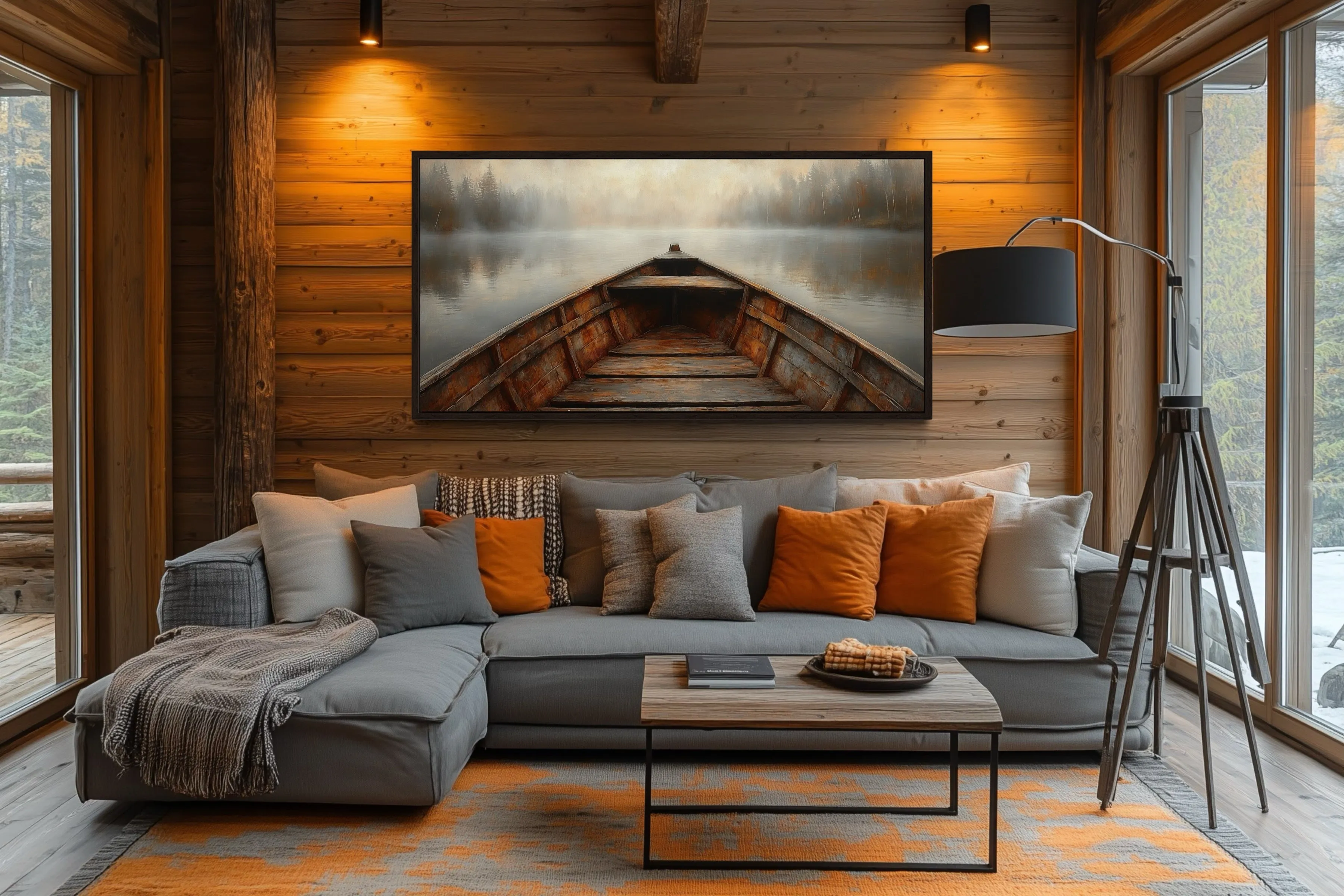 Old Wooden Brown Boat Nose In Misty Lake Framed Canvas Wall Art For Cabin Decor