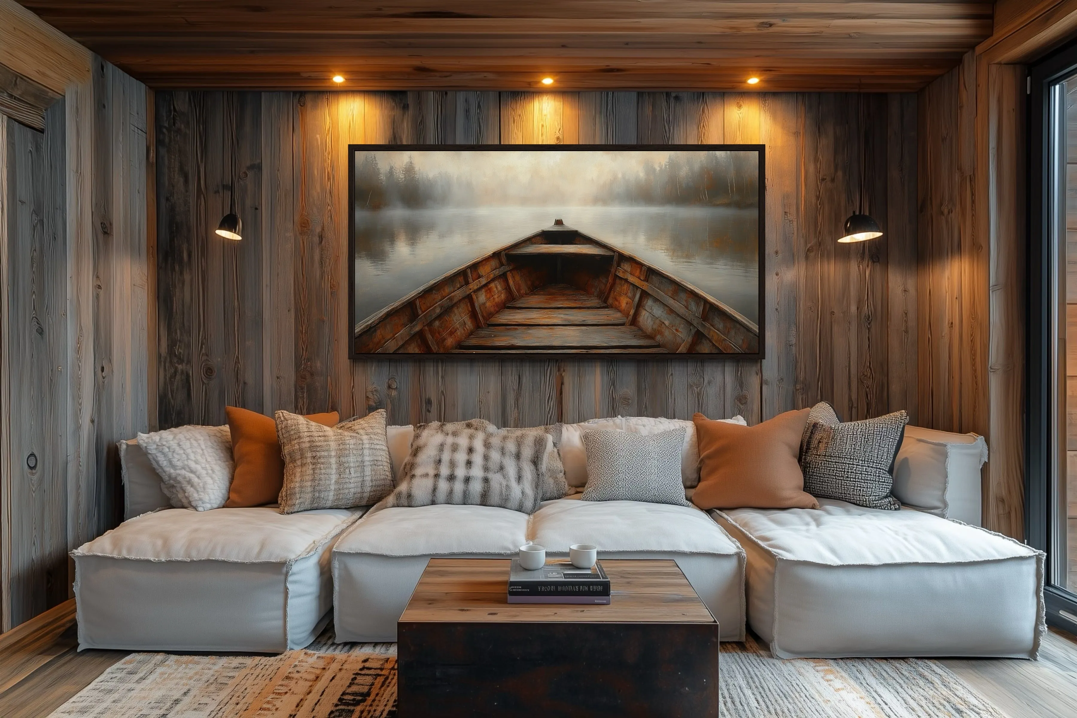 Old Wooden Brown Boat Nose In Misty Lake Framed Canvas Wall Art For Cabin Decor