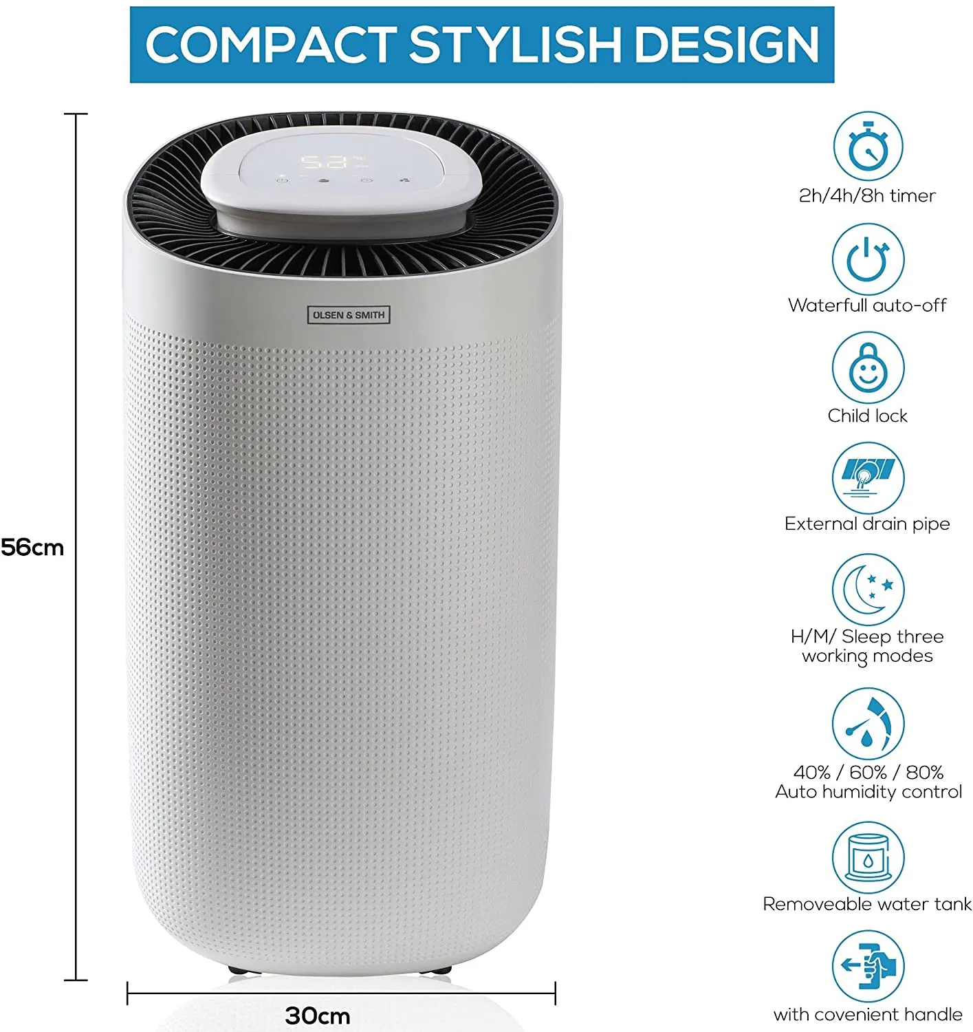 Olsen & Smith 12L/Day Portable Electric Dehumidifier for Home Damp Bedroom Kitchen Bathroom Garage Basement with Auto Humidity Control Settings, Ultra-Quiet Sleep Mode, Child Lock, Auto-Defrost,  3L Tank, 2m Drain Hose & much more