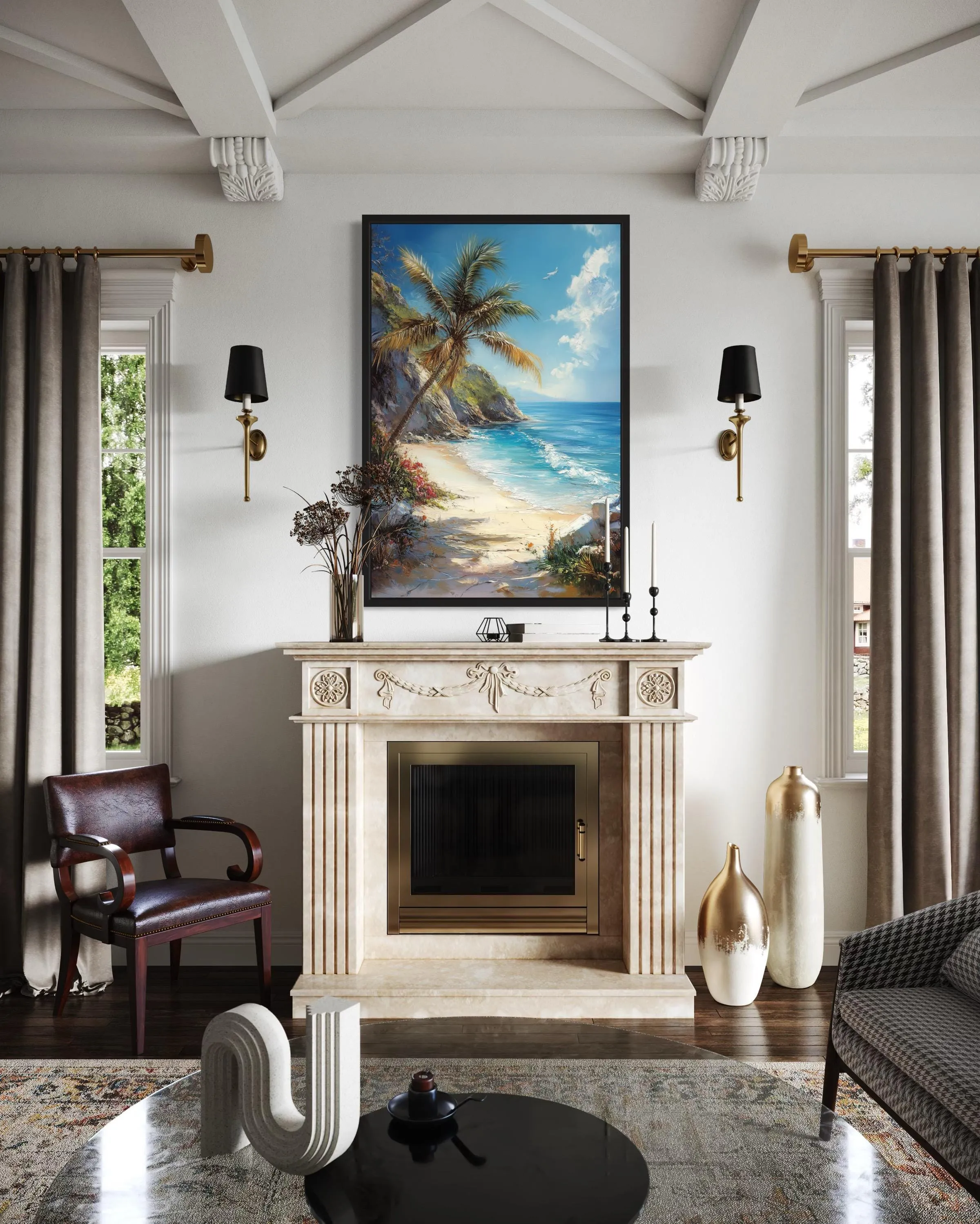 Palm Tree With Ocean View And Tropical Beach Framed Canvas Wall Art