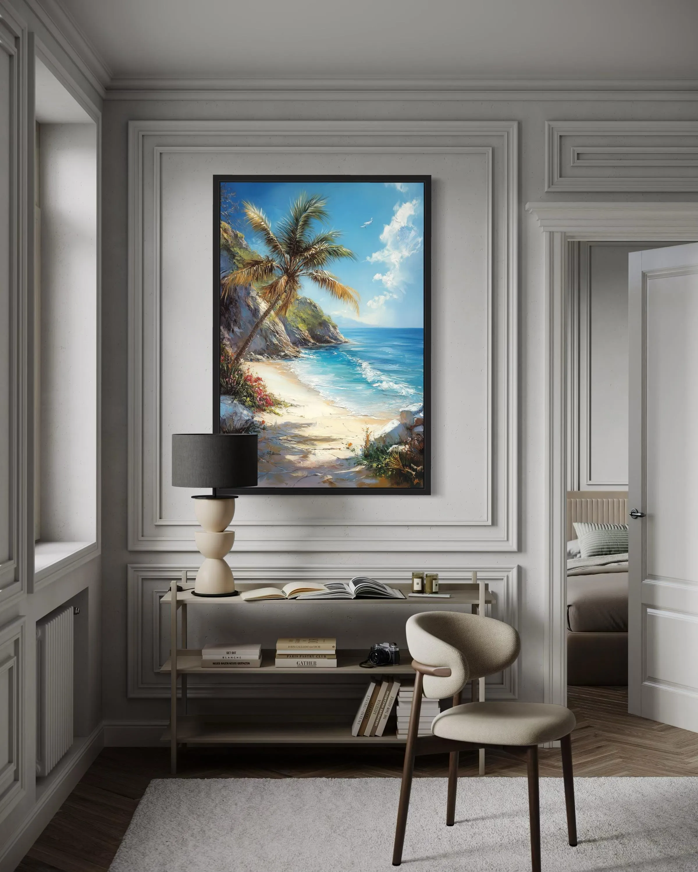 Palm Tree With Ocean View And Tropical Beach Framed Canvas Wall Art