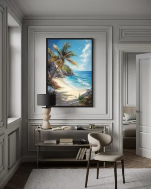 Palm Tree With Ocean View And Tropical Beach Framed Canvas Wall Art