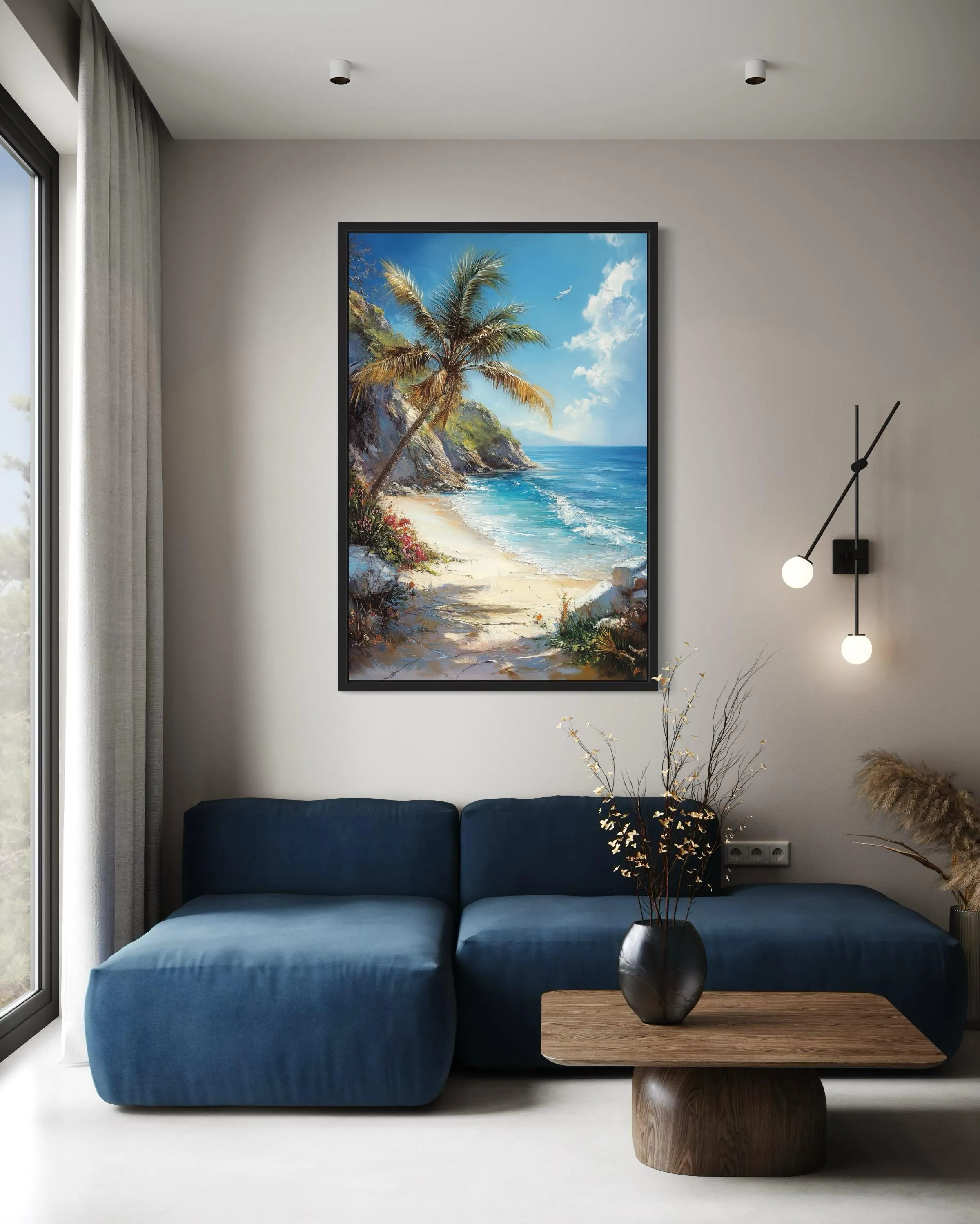 Palm Tree With Ocean View And Tropical Beach Framed Canvas Wall Art