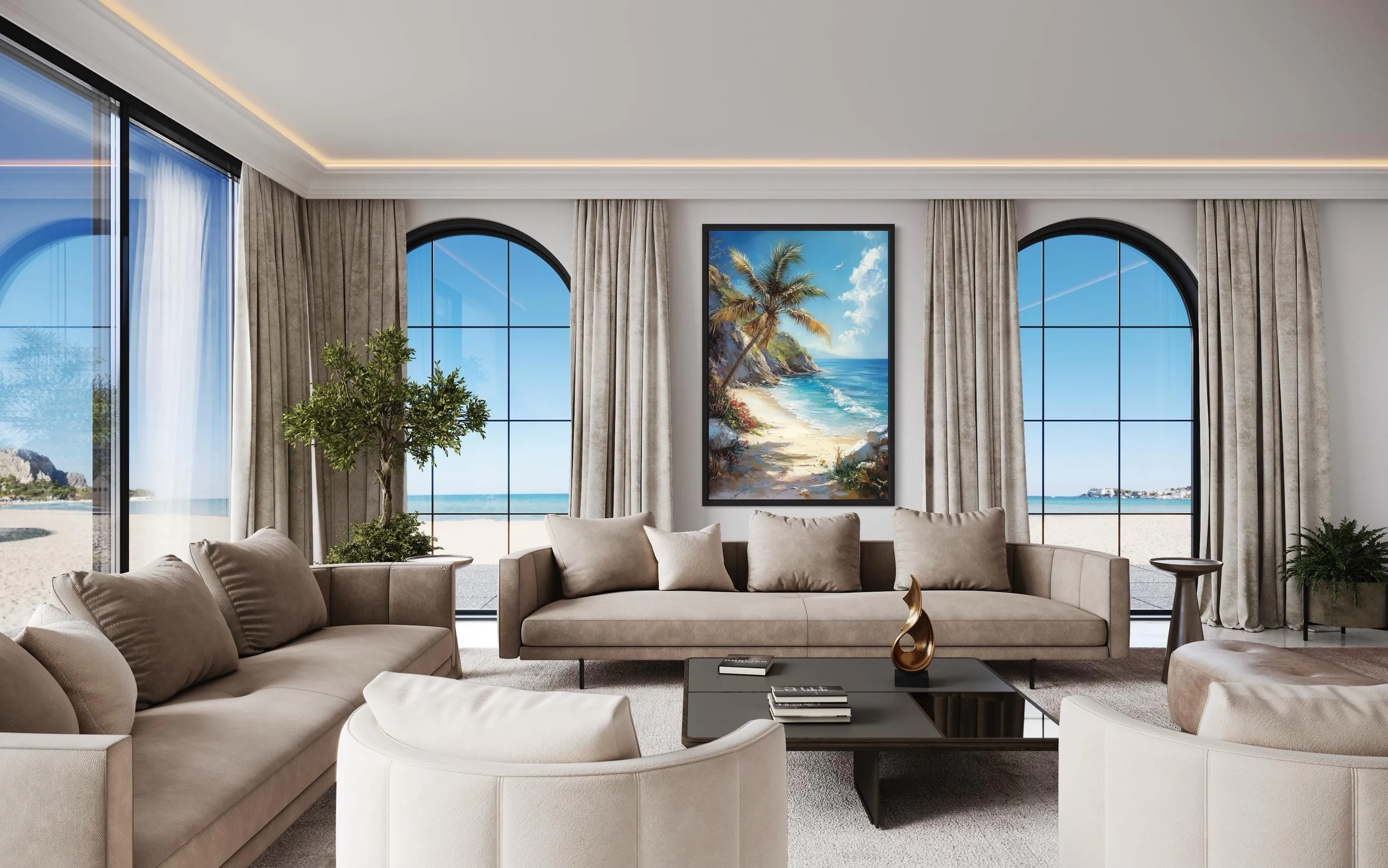 Palm Tree With Ocean View And Tropical Beach Framed Canvas Wall Art