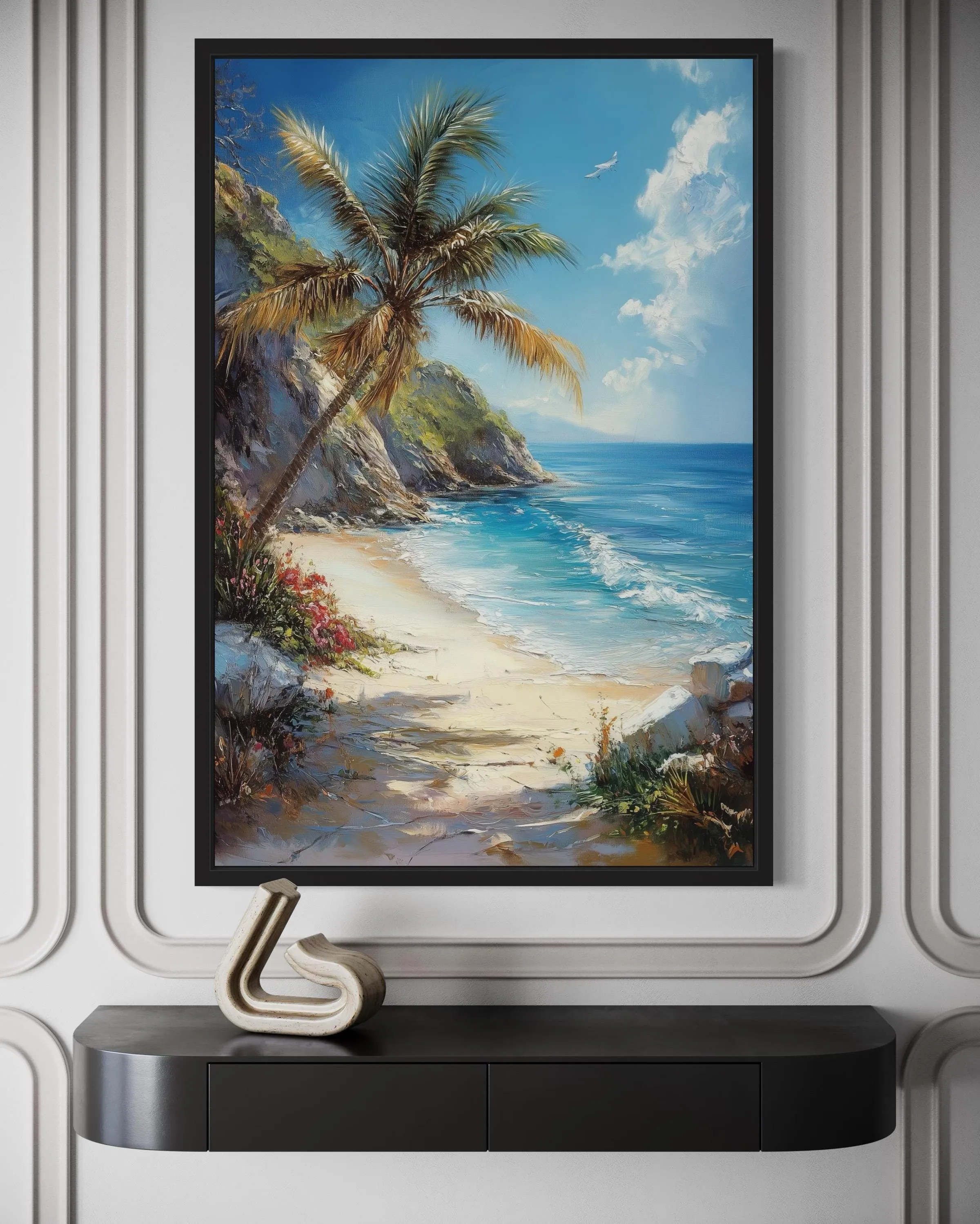 Palm Tree With Ocean View And Tropical Beach Framed Canvas Wall Art