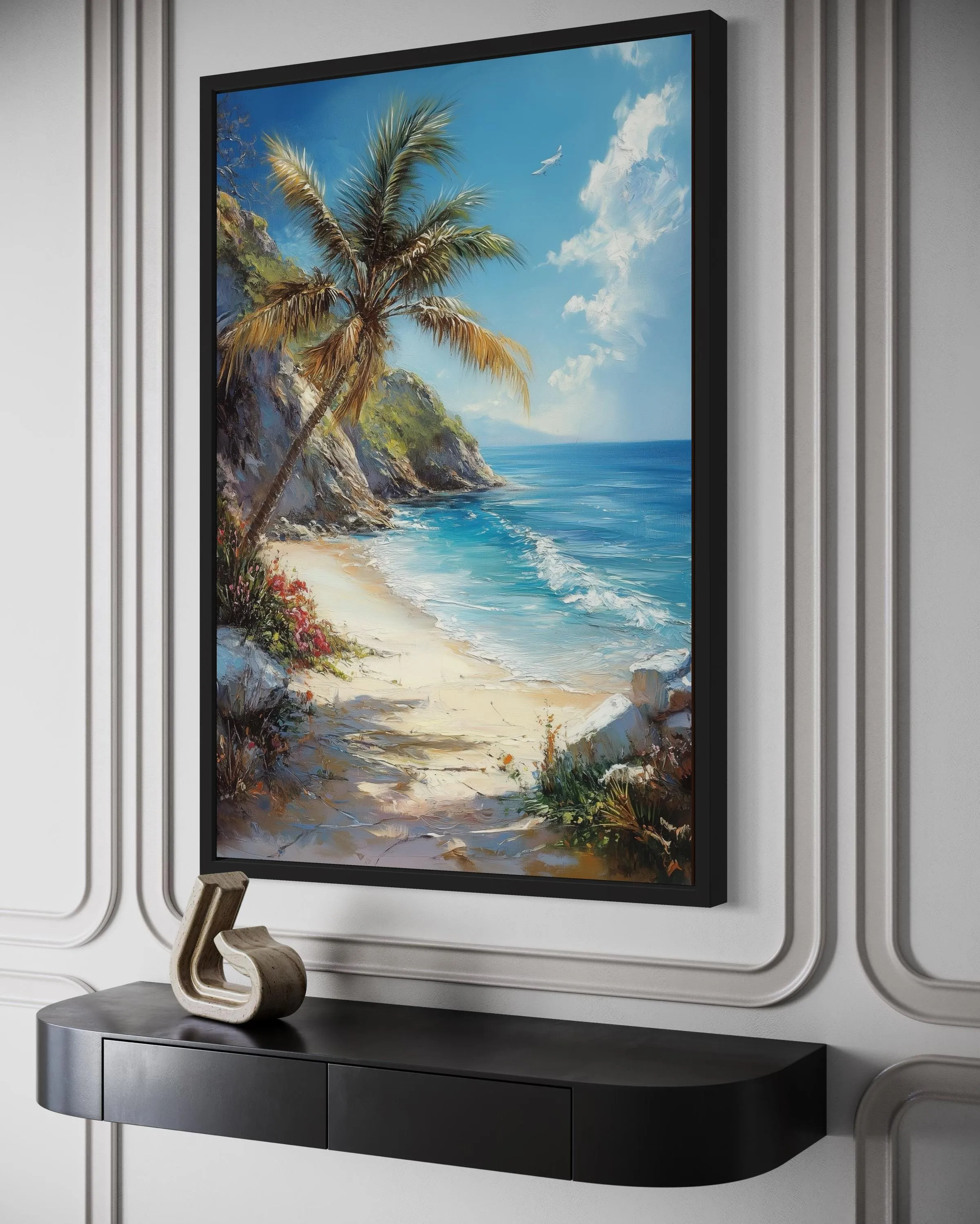 Palm Tree With Ocean View And Tropical Beach Framed Canvas Wall Art