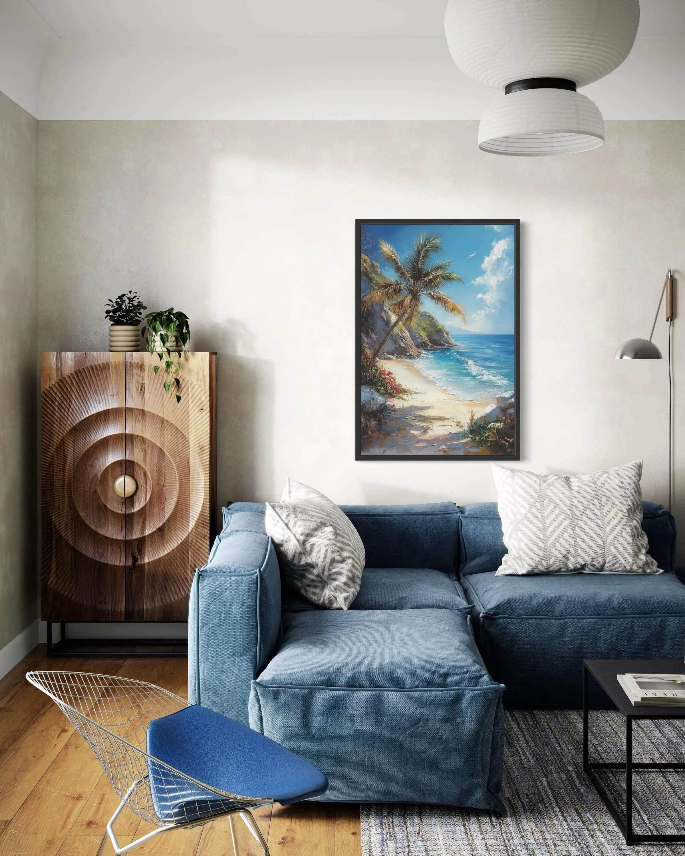 Palm Tree With Ocean View And Tropical Beach Framed Canvas Wall Art