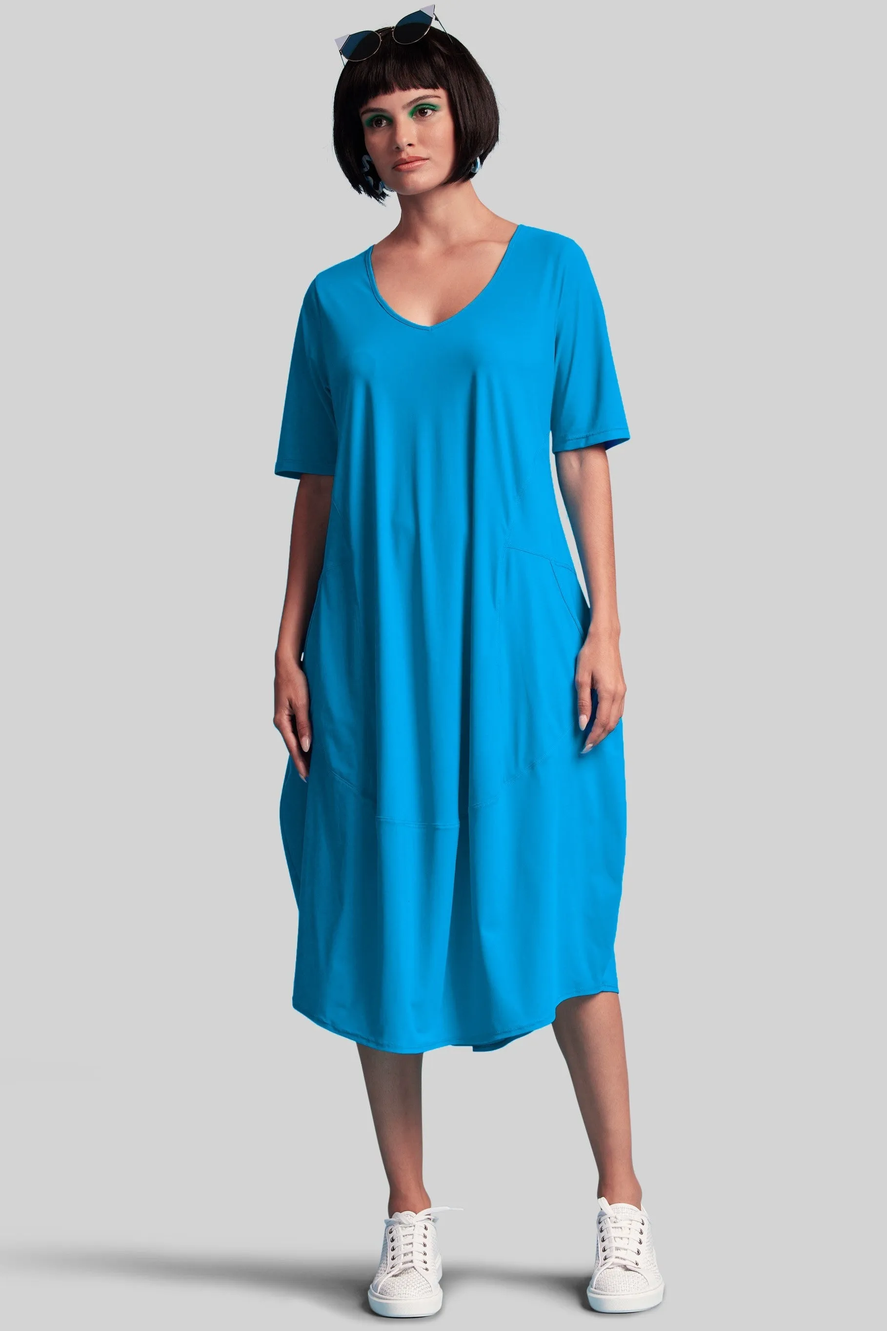 PAULA RYAN Half Sleeve Tulip Dress - Calyspo Blue - Microjersey