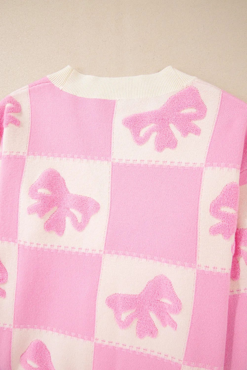 Pink Bowknot Checkered Pattern V Neck Drop Shoulder Button Up Cardigan
