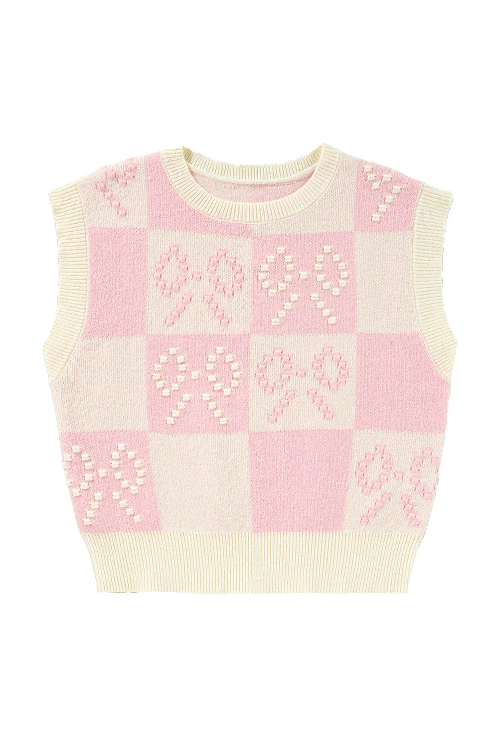 Pink Preppy Bow Detail Checkered Sweater Vest