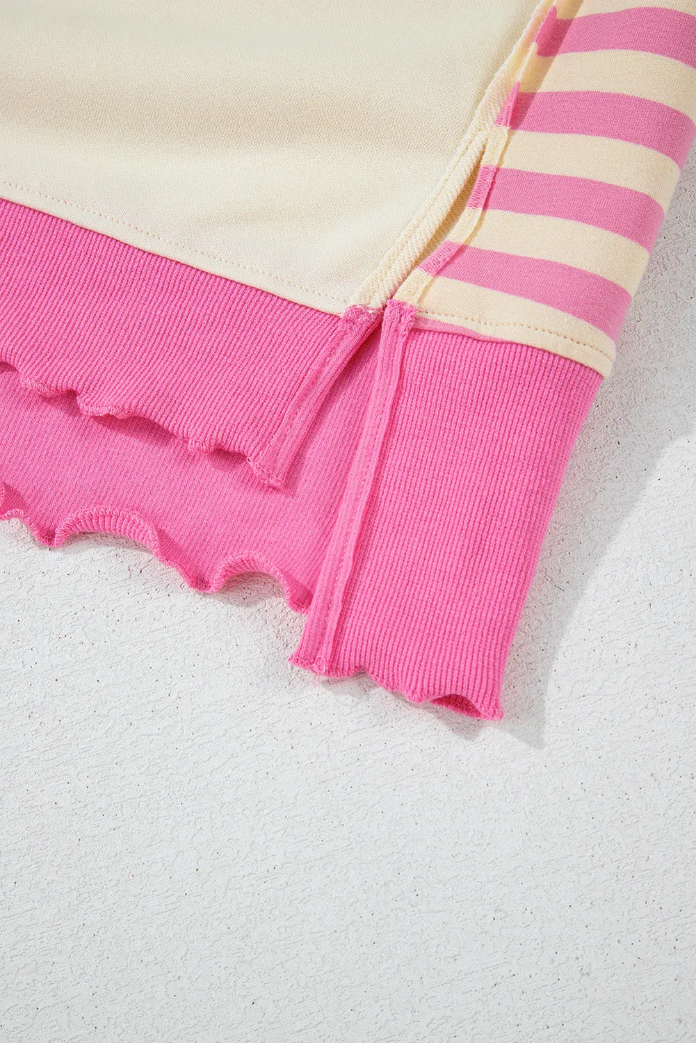 Pink Stripe Colorblock Patchwork Collared French Terry Knit Top