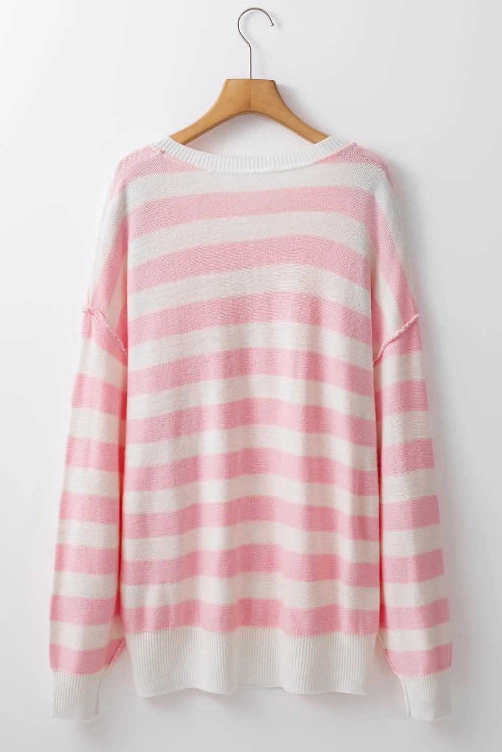 Pink Stripe Half Buttons Drop Shoulder Sweater