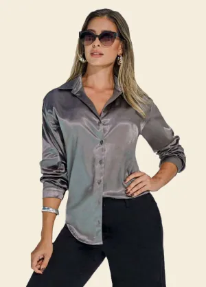 Platinum Satin Button-Down Collared Blouse