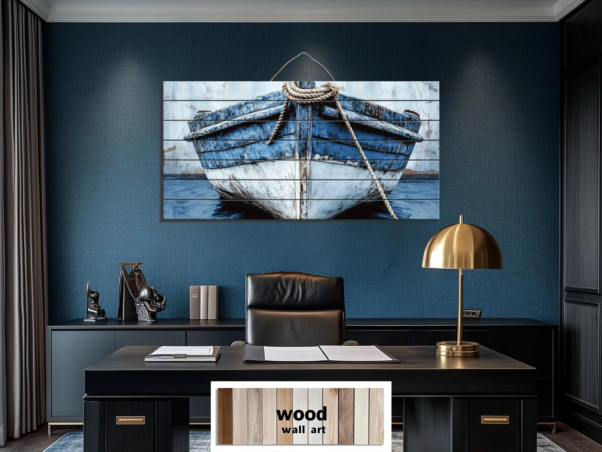 Rustic Blue Boat Close Up Coastal Real Wood Wall Art for Beach House