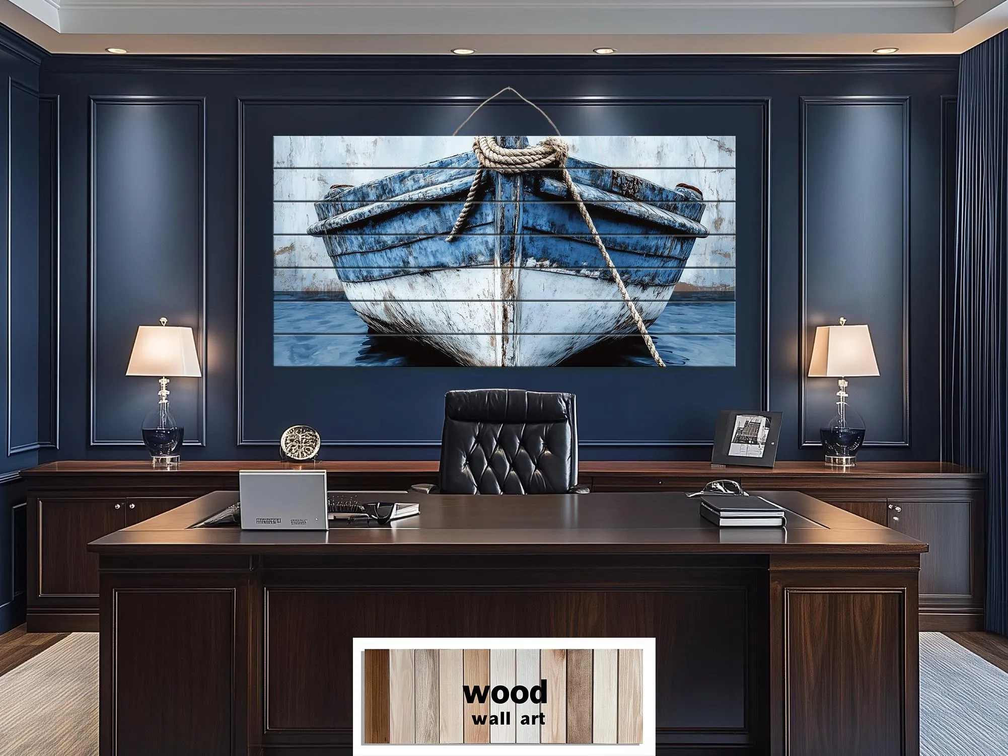 Rustic Blue Boat Close Up Coastal Real Wood Wall Art for Beach House