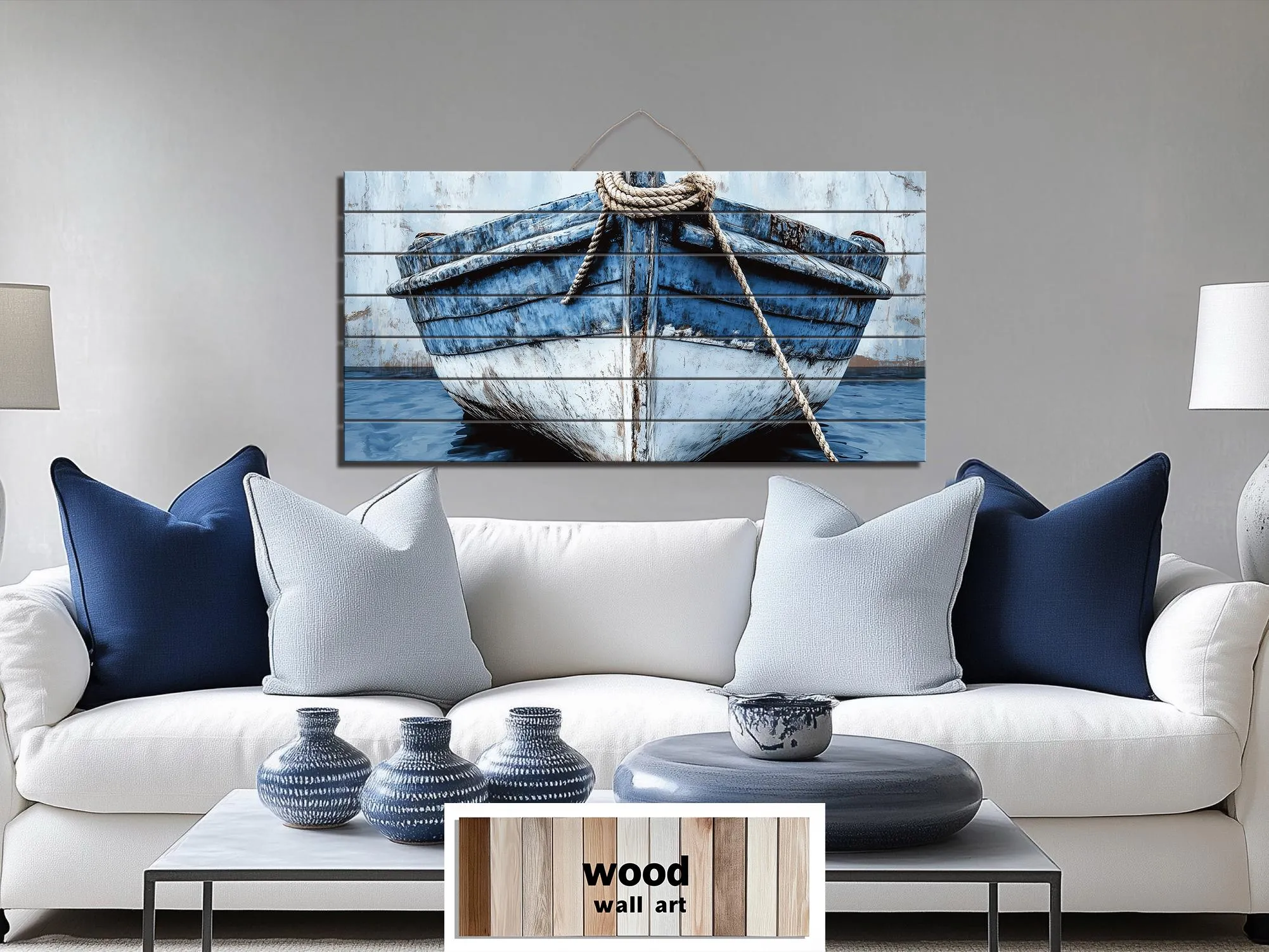 Rustic Blue Boat Close Up Coastal Real Wood Wall Art for Beach House
