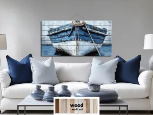 Rustic Blue Boat Close Up Coastal Real Wood Wall Art for Beach House