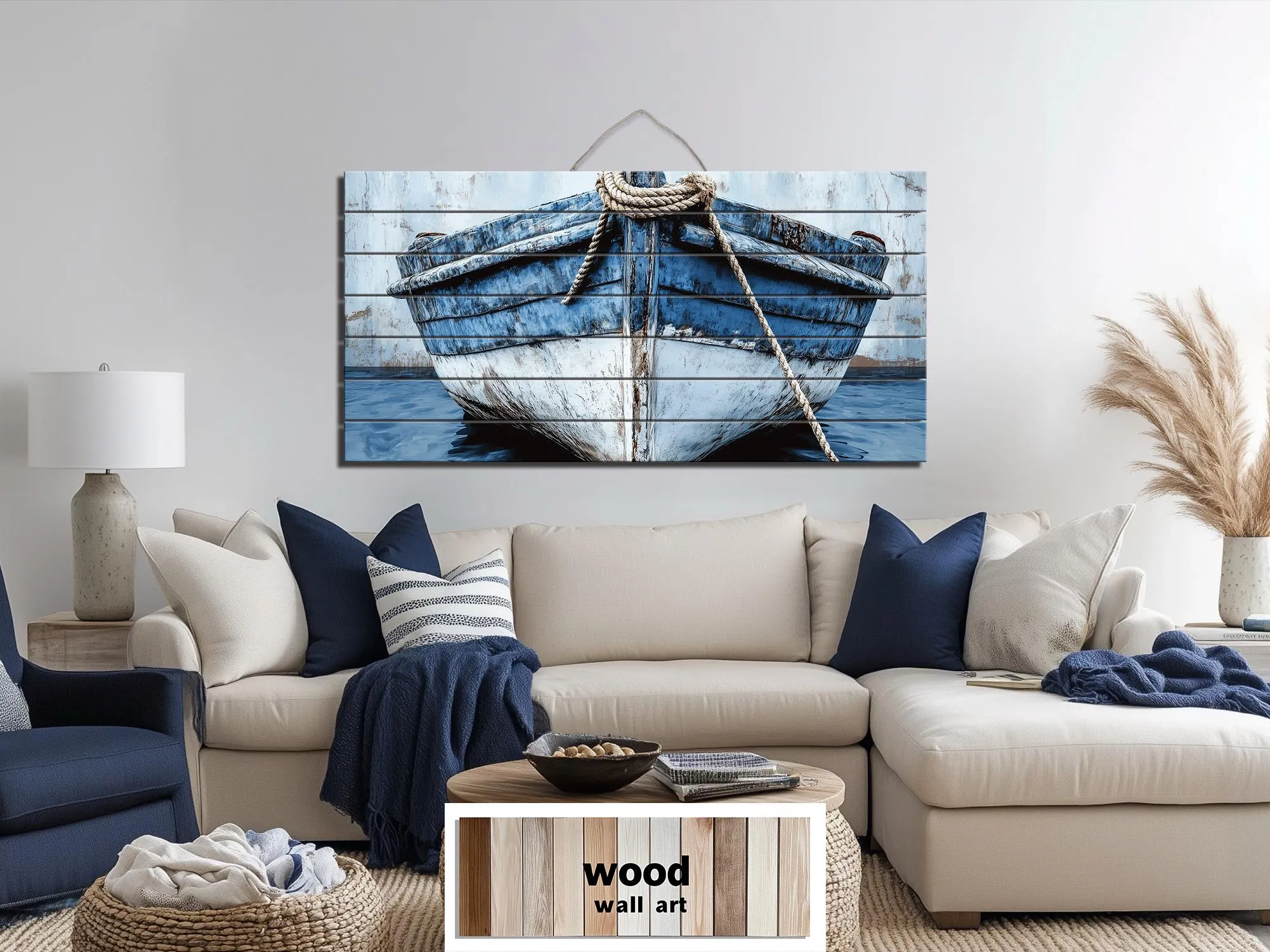 Rustic Blue Boat Close Up Coastal Real Wood Wall Art for Beach House