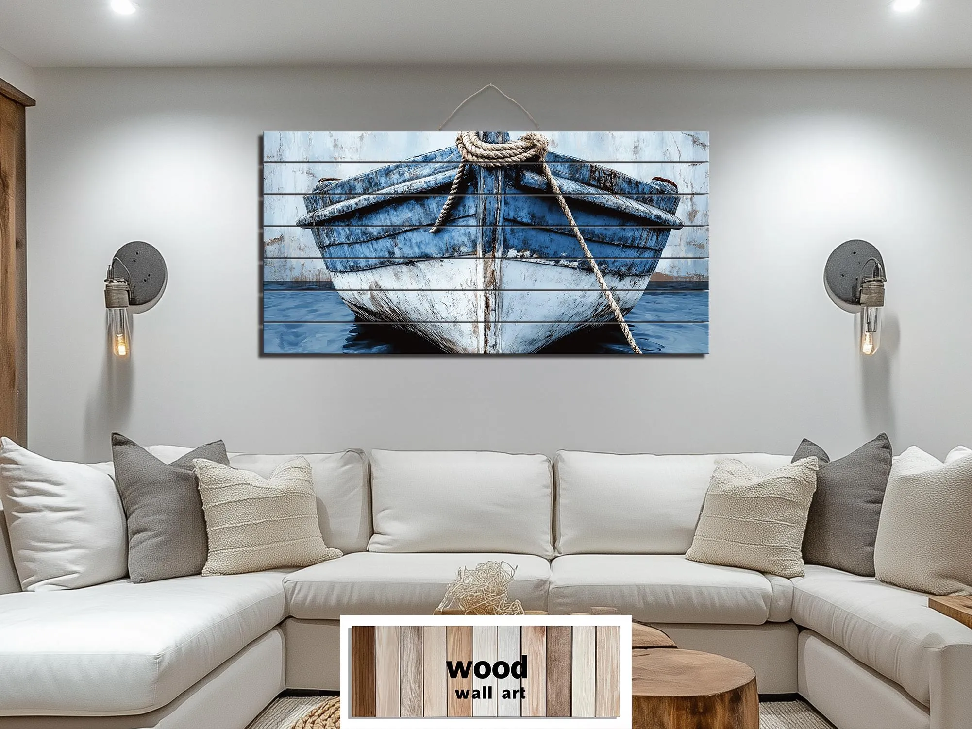 Rustic Blue Boat Close Up Coastal Real Wood Wall Art for Beach House