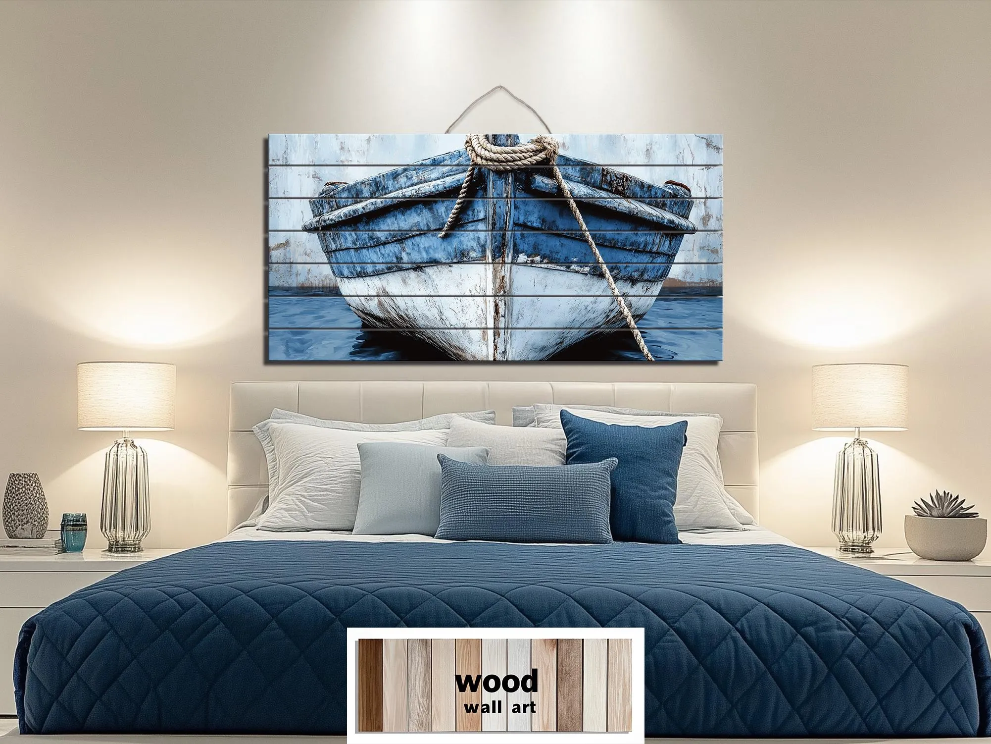 Rustic Blue Boat Close Up Coastal Real Wood Wall Art for Beach House