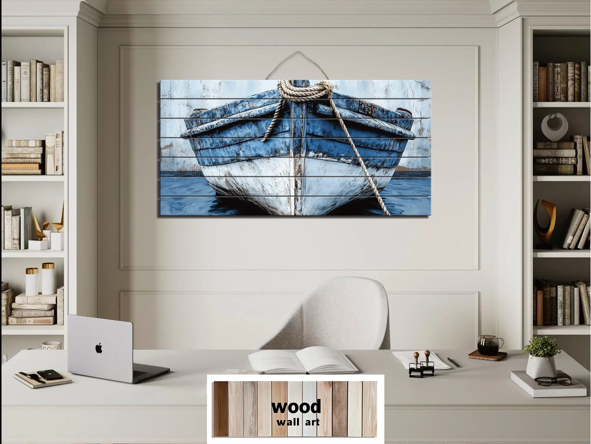 Rustic Blue Boat Close Up Coastal Real Wood Wall Art for Beach House