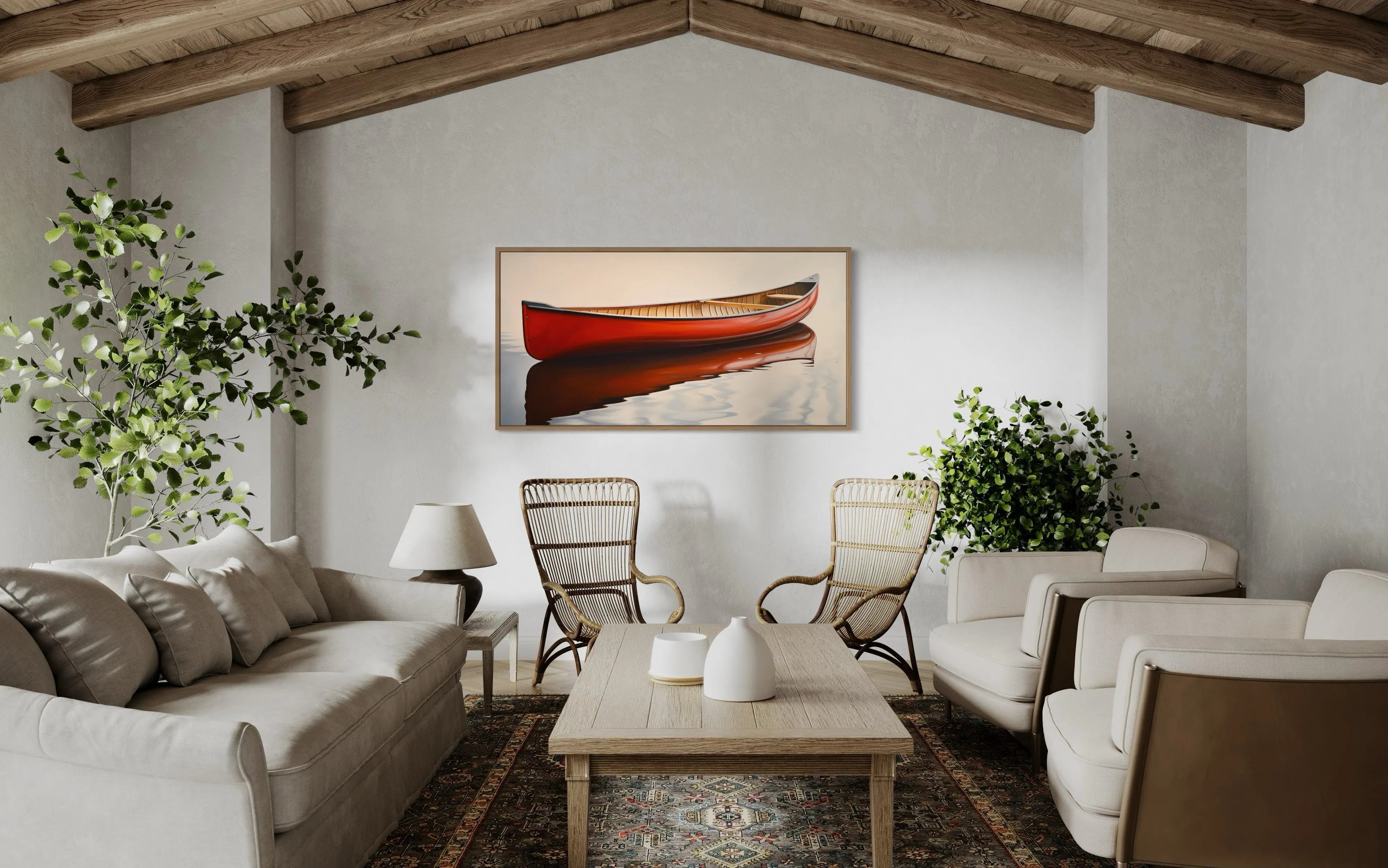 Rustic Old Red Canoe Framed Canvas Wall Art For Cabin Decor