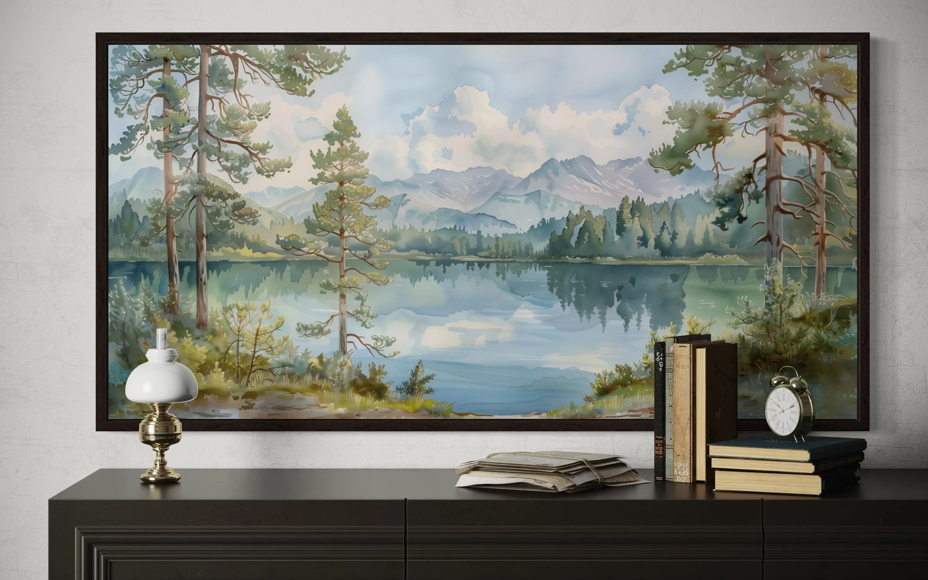 Serene Mountain Lake Landscape Framed Canvas Wall Art