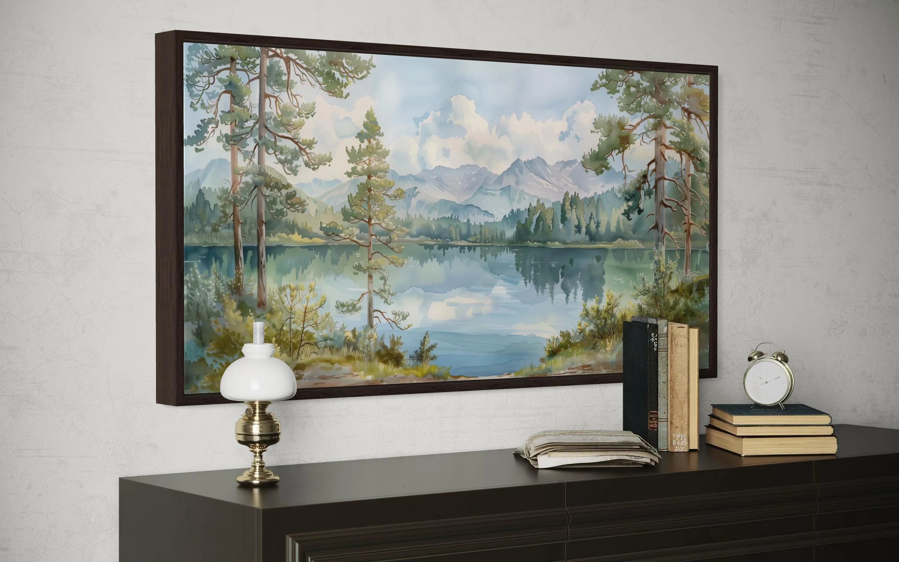 Serene Mountain Lake Landscape Framed Canvas Wall Art