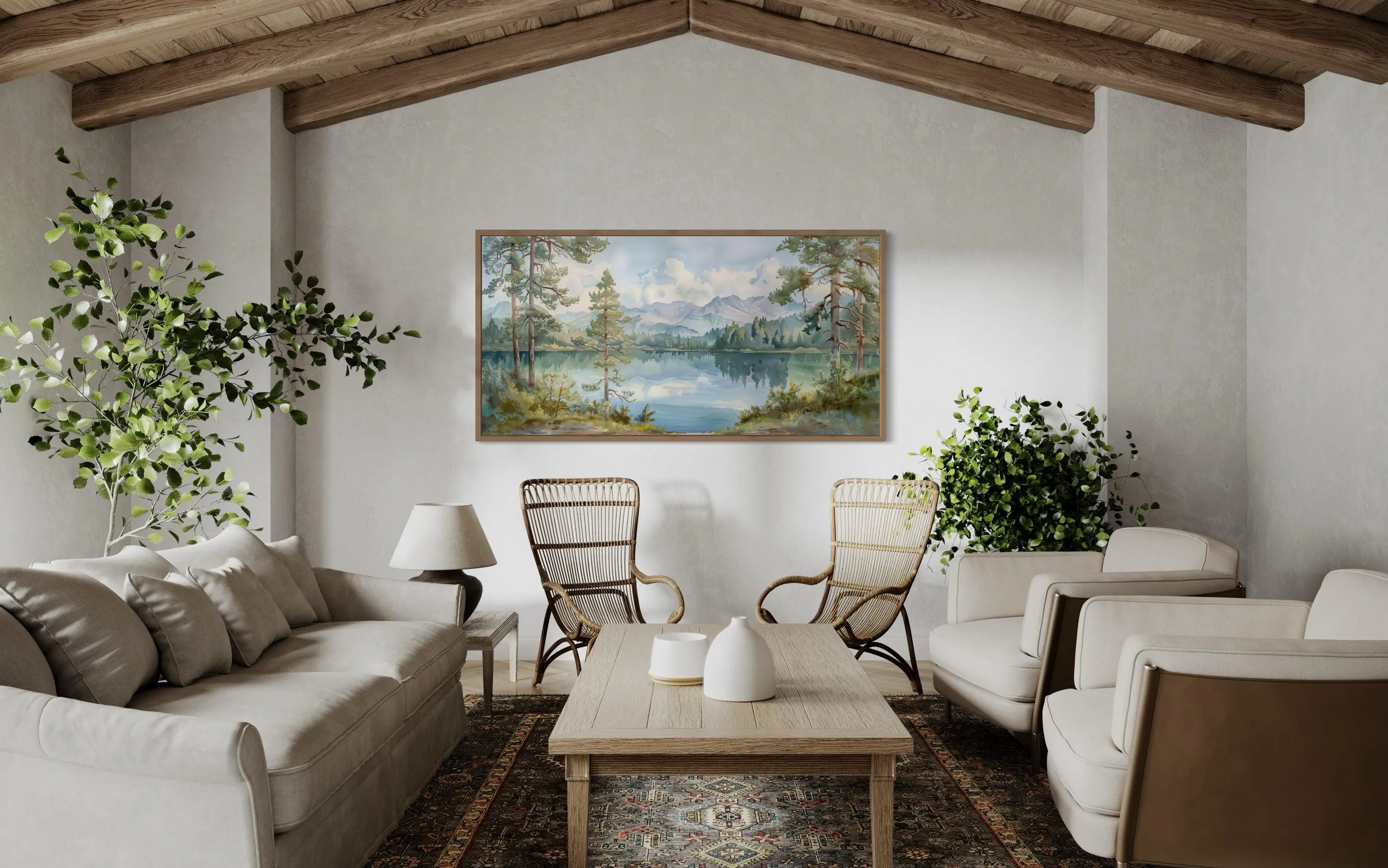 Serene Mountain Lake Landscape Framed Canvas Wall Art